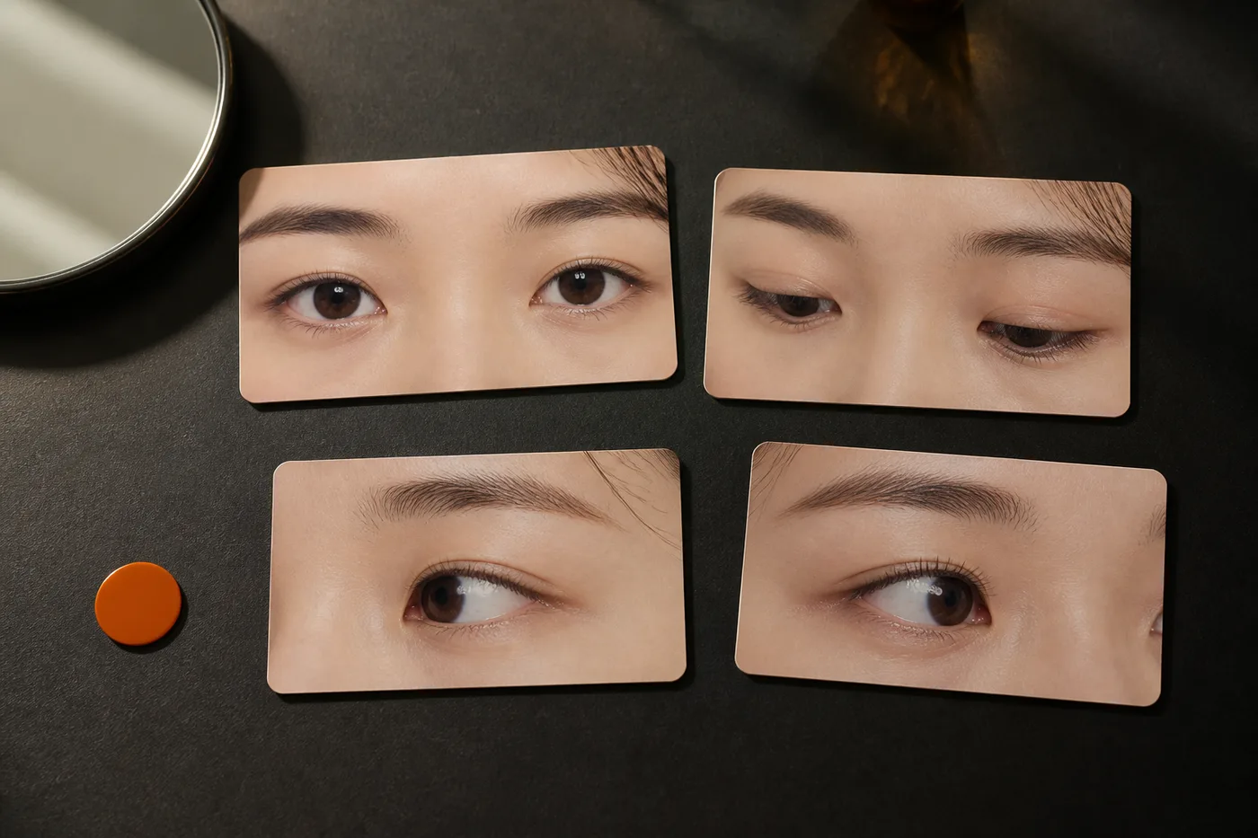 정면 아래 시선 눈앞머리 꼬리의 차이를 네 개 사진 카드로 나눈 보드
