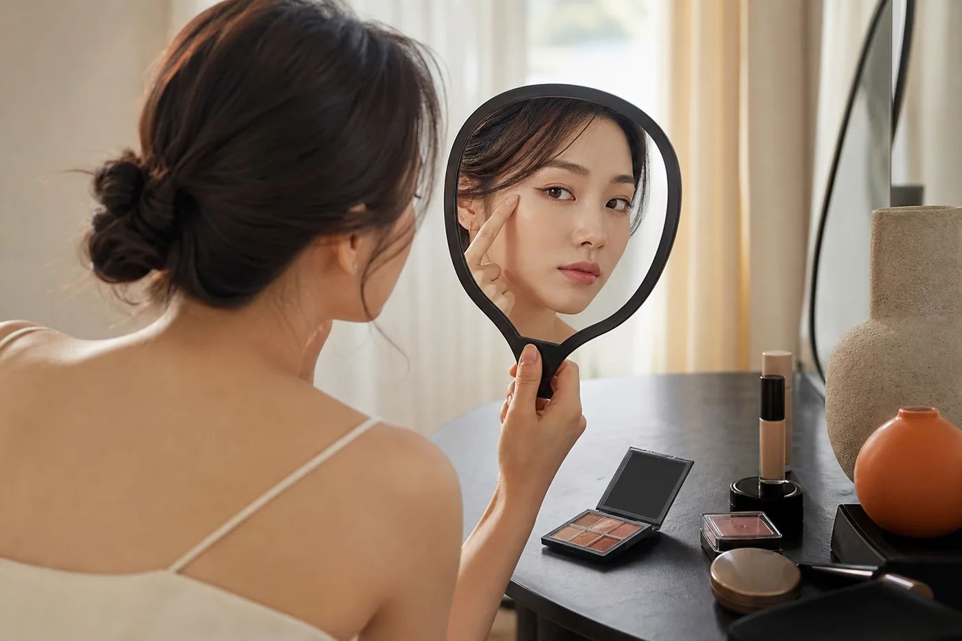 거울과 무표기 메이크업 도구 옆에서 평소 아이라인 범위를 확인하는 한국 여성