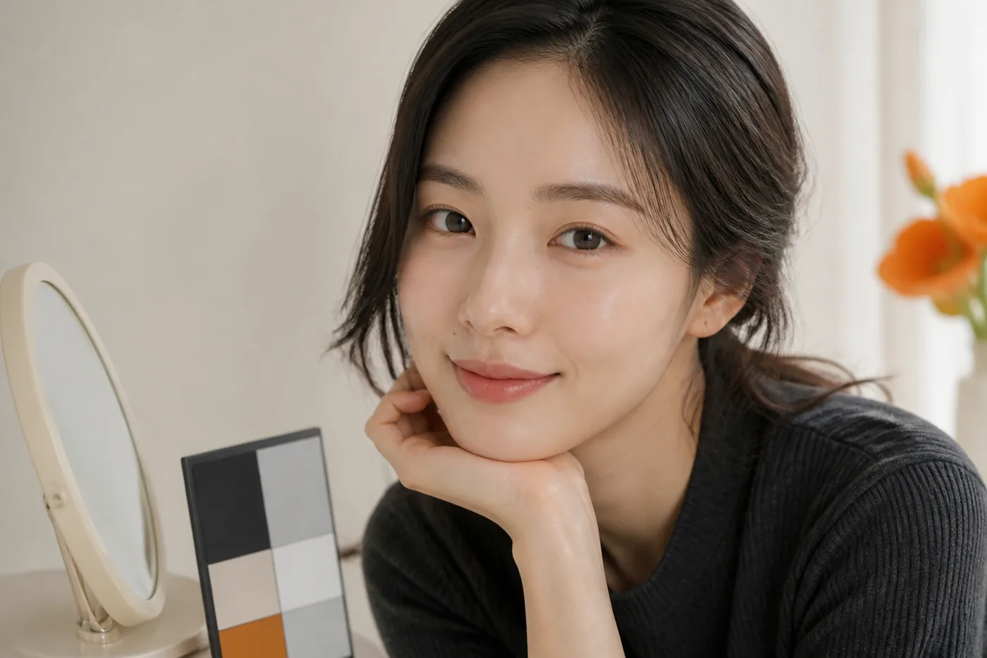 자연광에서 눈에 힘을 주지 않고 정면 눈매를 기록하는 한국 여성