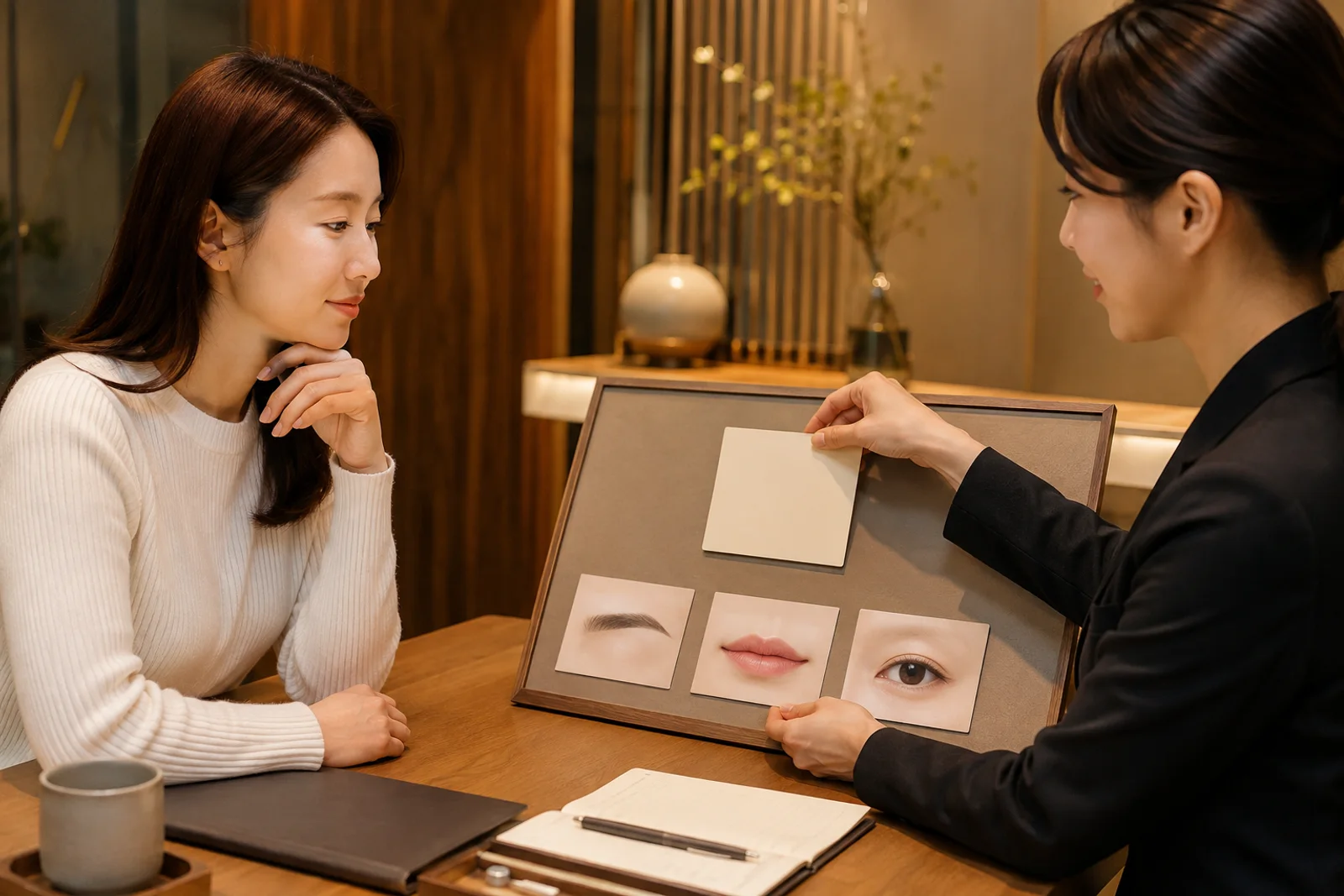 세 카드 중 한 장을 선택하고 나머지를 보류 칸에 둔 밝은 상담 보드