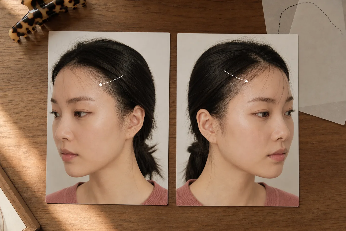 왼쪽과 오른쪽 헤어라인 모서리의 모발 방향을 화살표로 비교한 카드