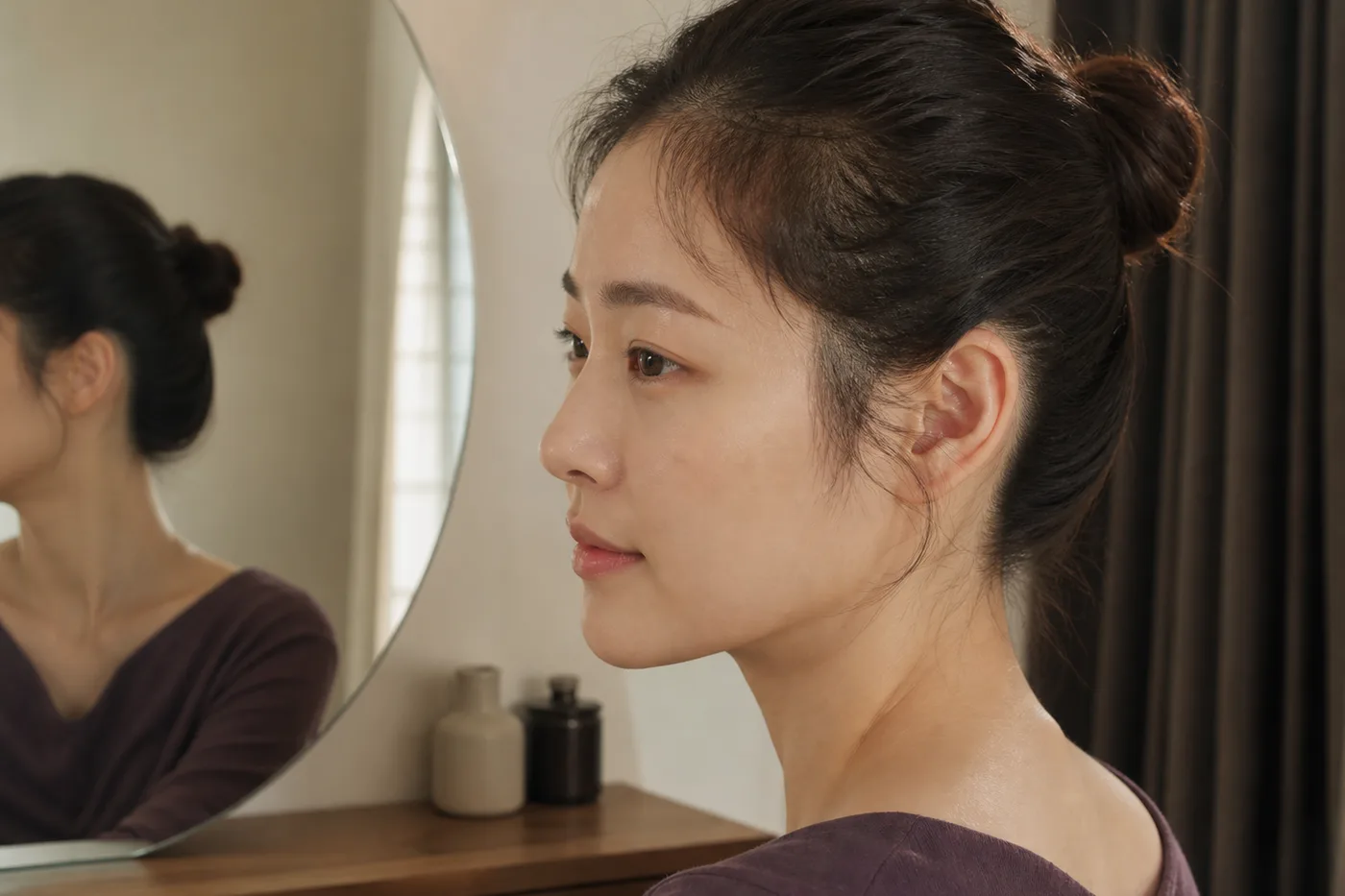 머리를 묶은 성인 여성의 45도와 옆모습에서 관자 연결을 확인하는 장면