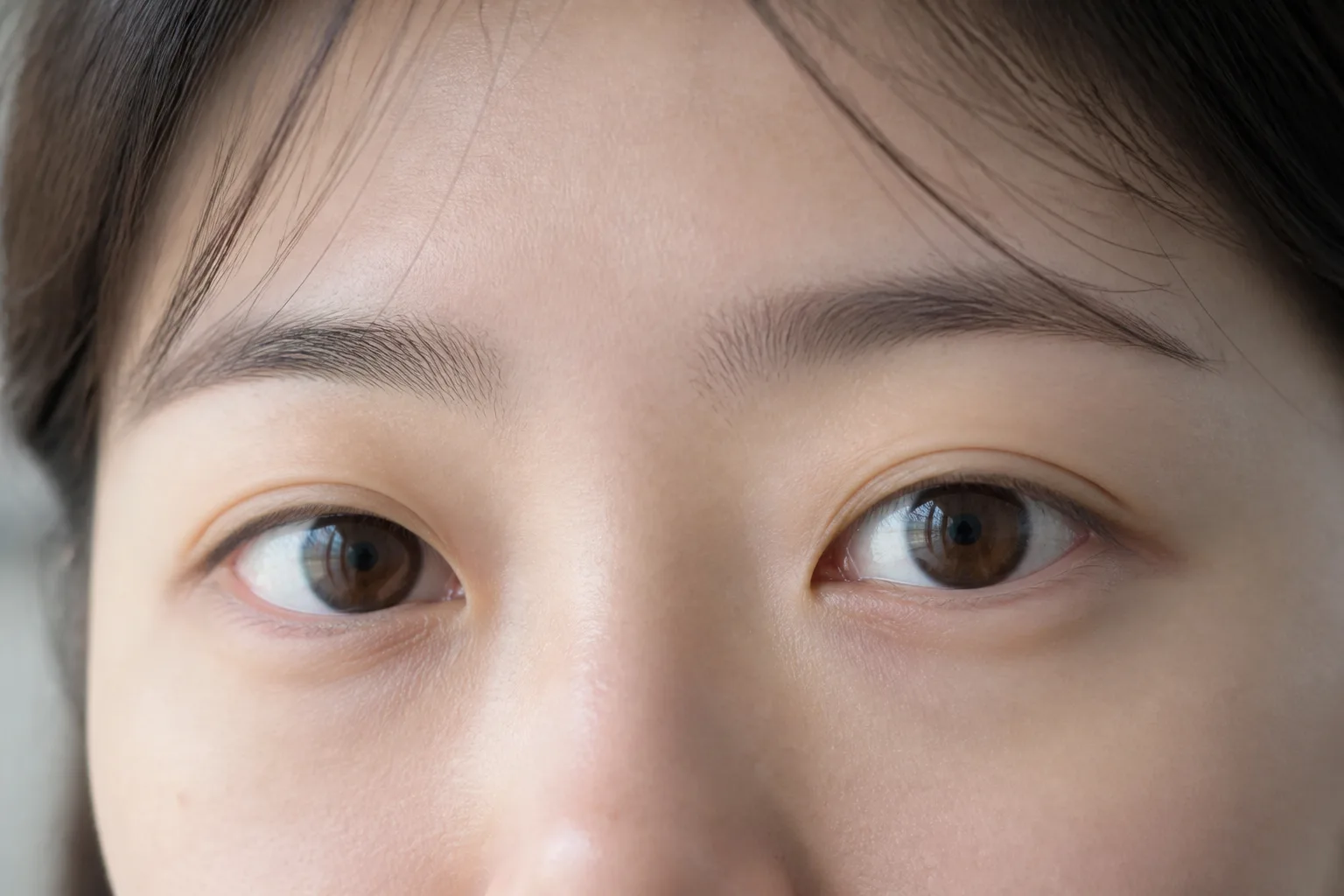 자연광에서 마스카라 전 양쪽 속눈썹 방향을 기록하는 눈매 클로즈업