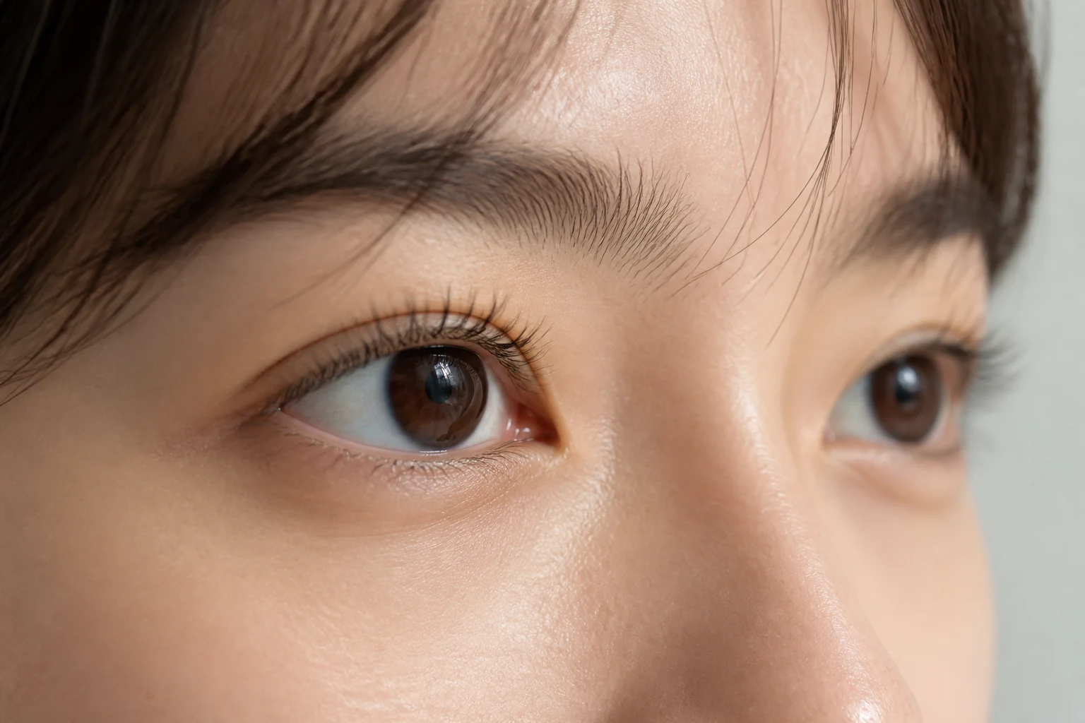속눈썹의 안쪽과 가운데, 바깥쪽 방향을 보여주는 눈매 클로즈업
