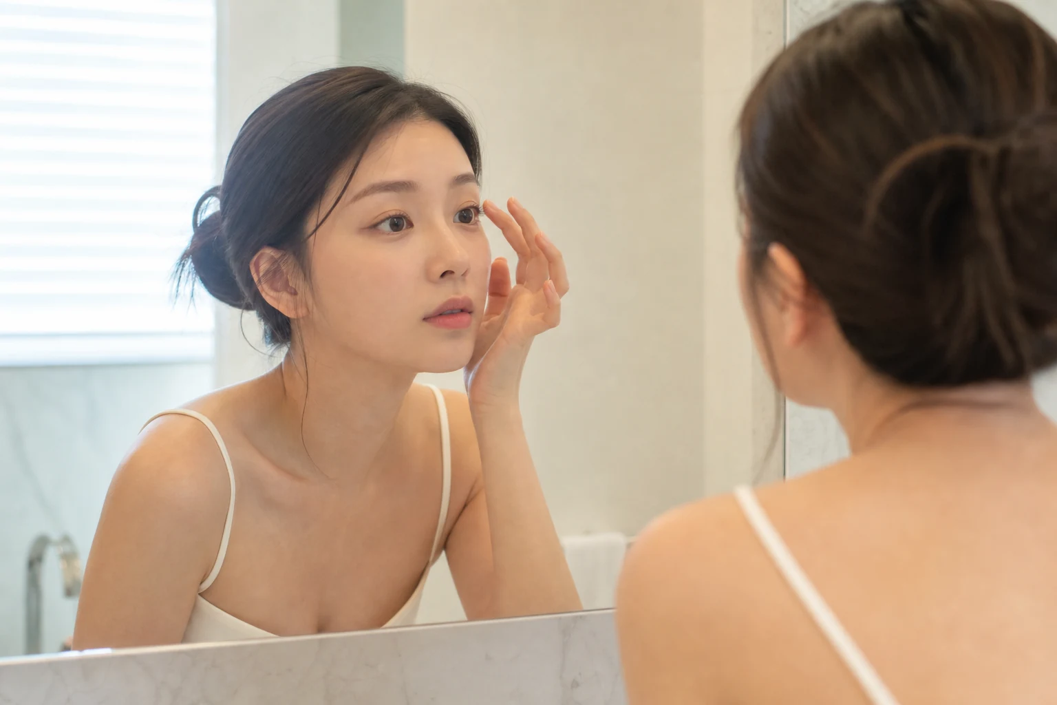 밝은 거울 앞에서 속눈썹 방향을 확인하는 한국인 여성