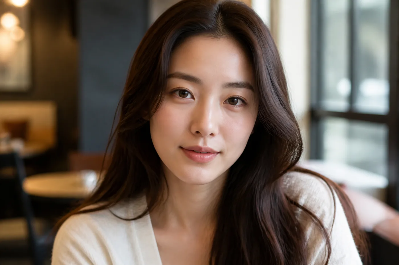 실내 대화 거리에서 자연스러운 민낯 입술과 얼굴 전체를 담은 장면