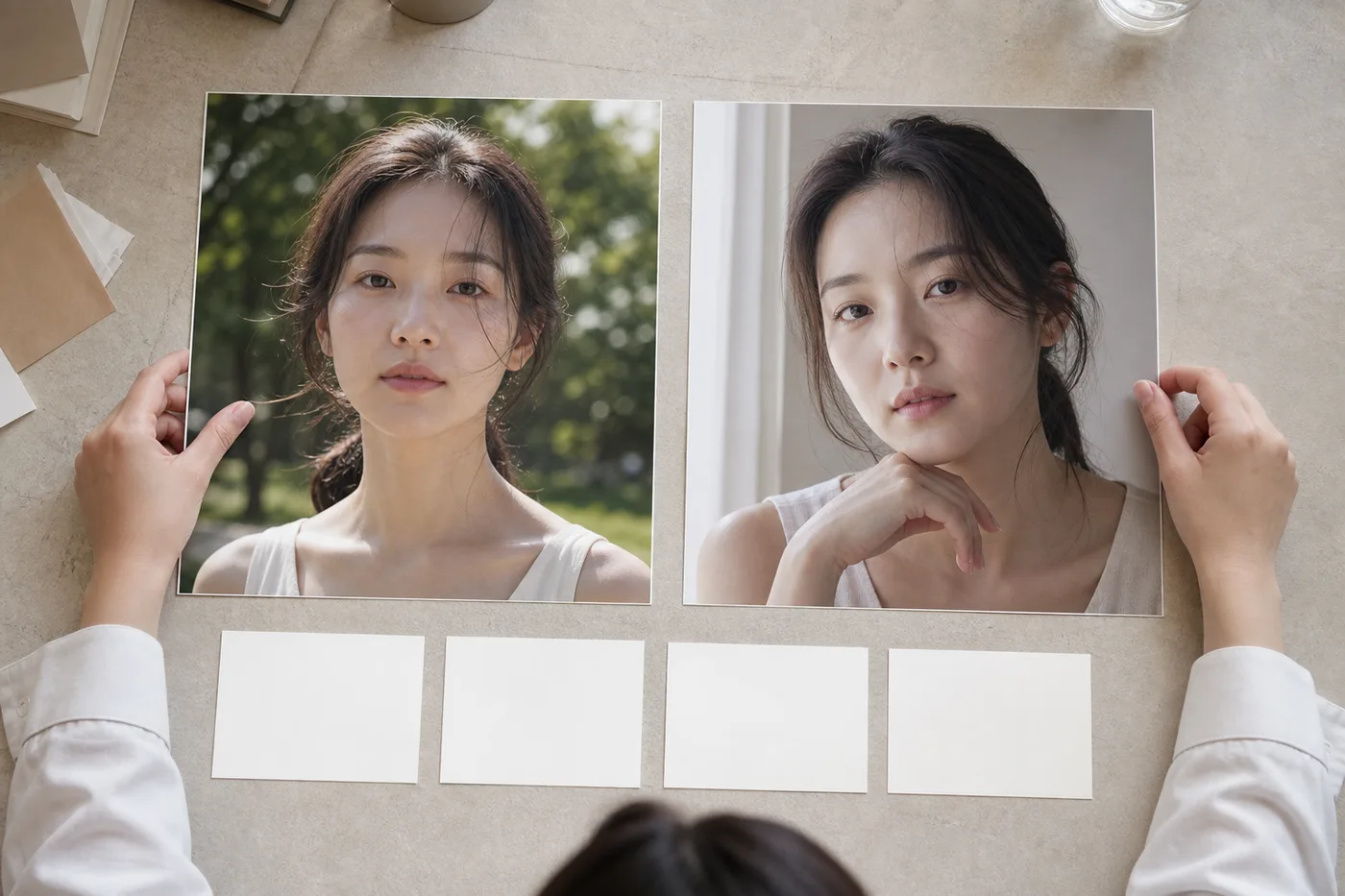 밝은 그늘 사진과 창가 사진의 색 차이를 나란히 확인하는 책상