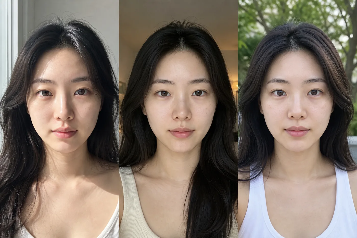 아침 창가 실내 대화 야외 그늘의 얼굴 사진을 세 칸으로 나눈 보드