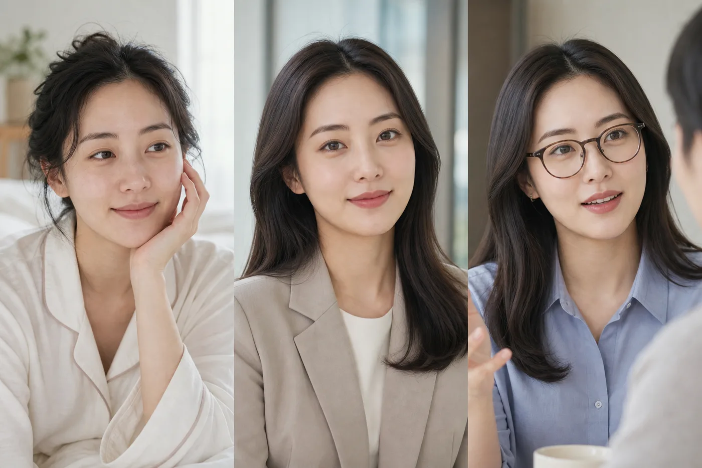 민낯 출근 화장 안경 대화 장면을 나란히 놓은 사진 보드