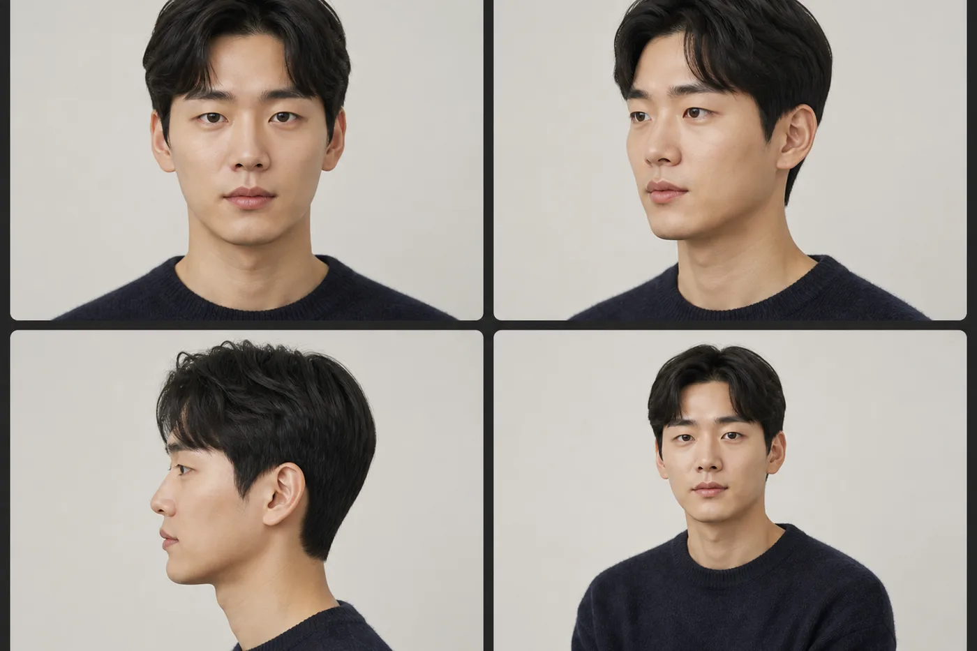정면 45도 옆모습 대화 거리 얼굴을 네 칸으로 나눈 사진 보드