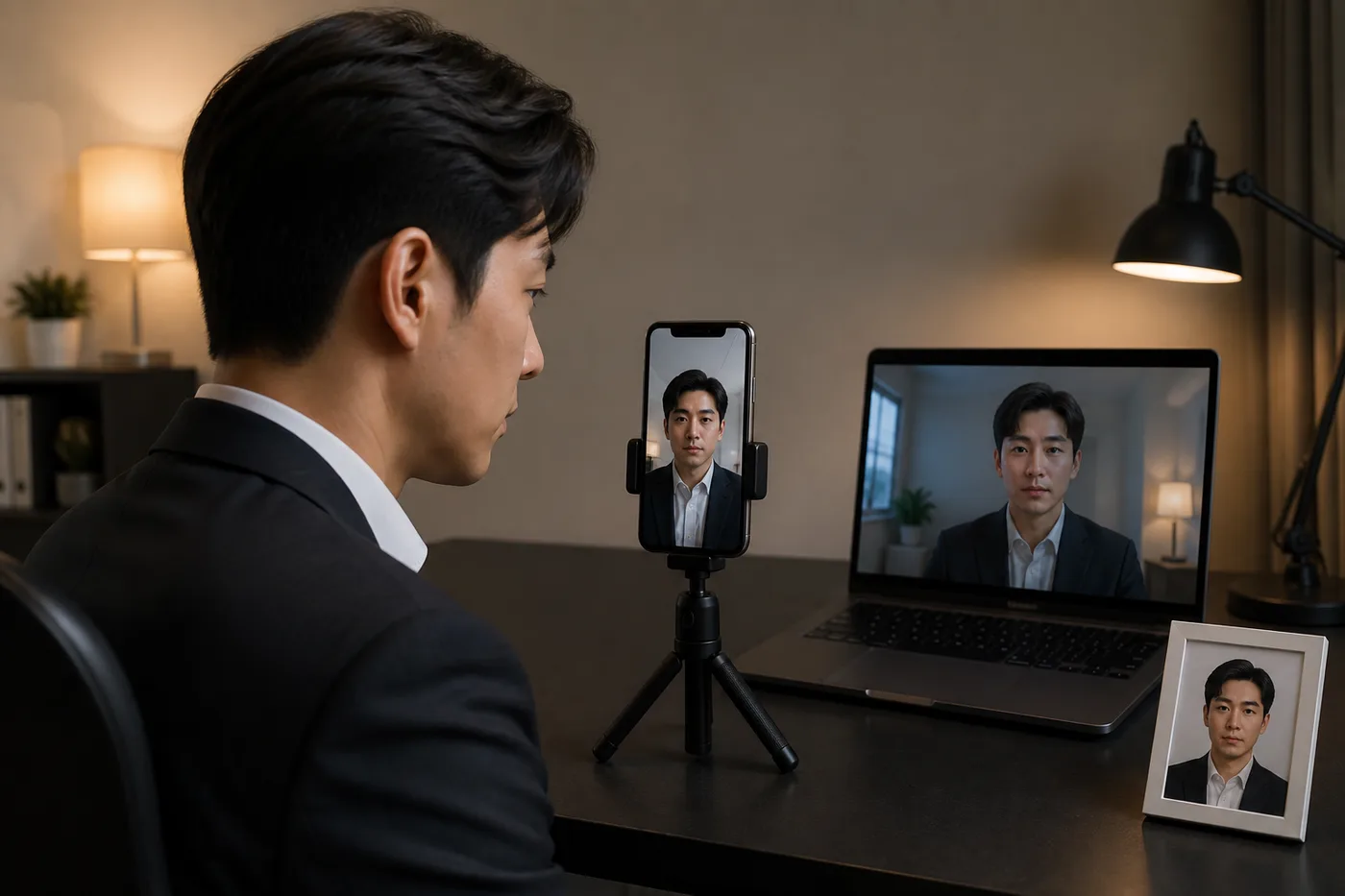 휴대전화와 노트북 카메라의 서로 다른 얼굴 프레임을 비교하는 한국 성인 남성