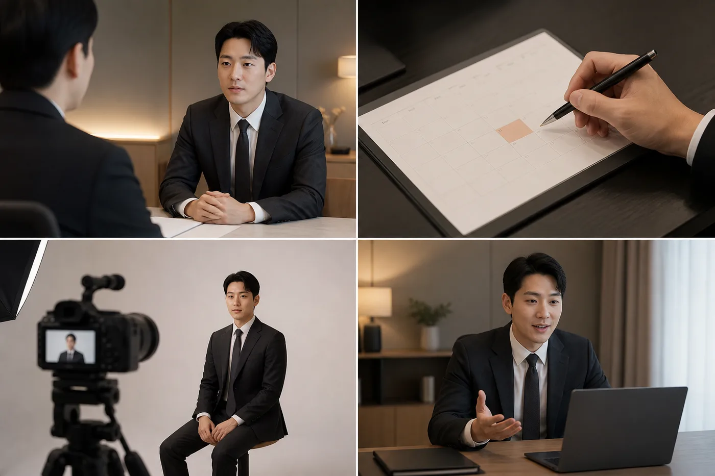 상담 예약 증명사진 면접 장면을 무문자 사진 네 장으로 나눈 보드