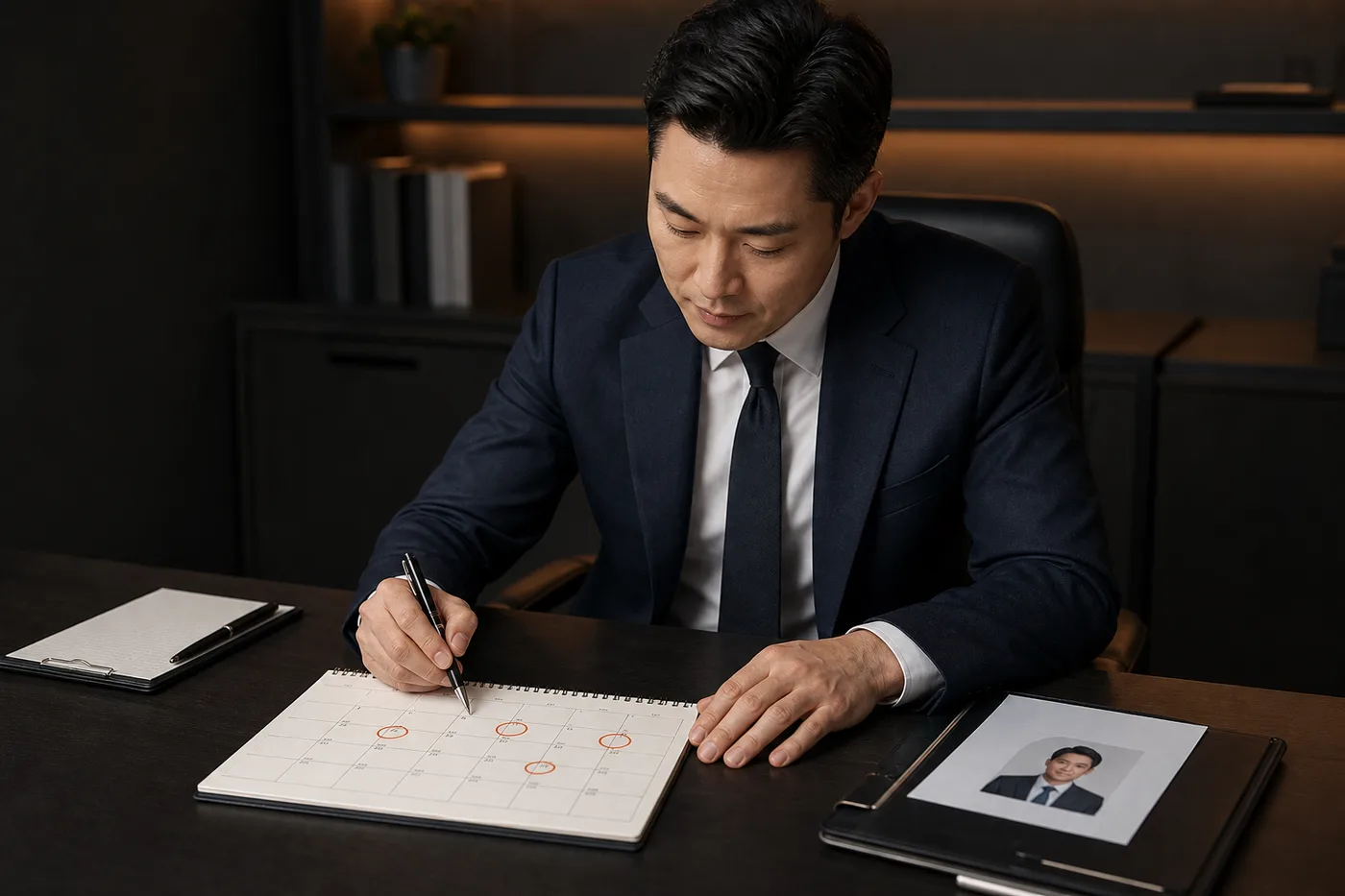 정장 셔츠를 입은 한국 성인 남성이 상담 촬영 면접 날짜를 달력에 표시하는 장면