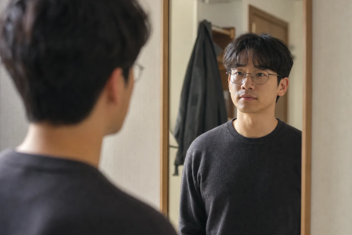 안경과 평소 헤어를 갖춘 남성이 한 걸음 떨어진 거울에서 얼굴 전체를 보는 장면