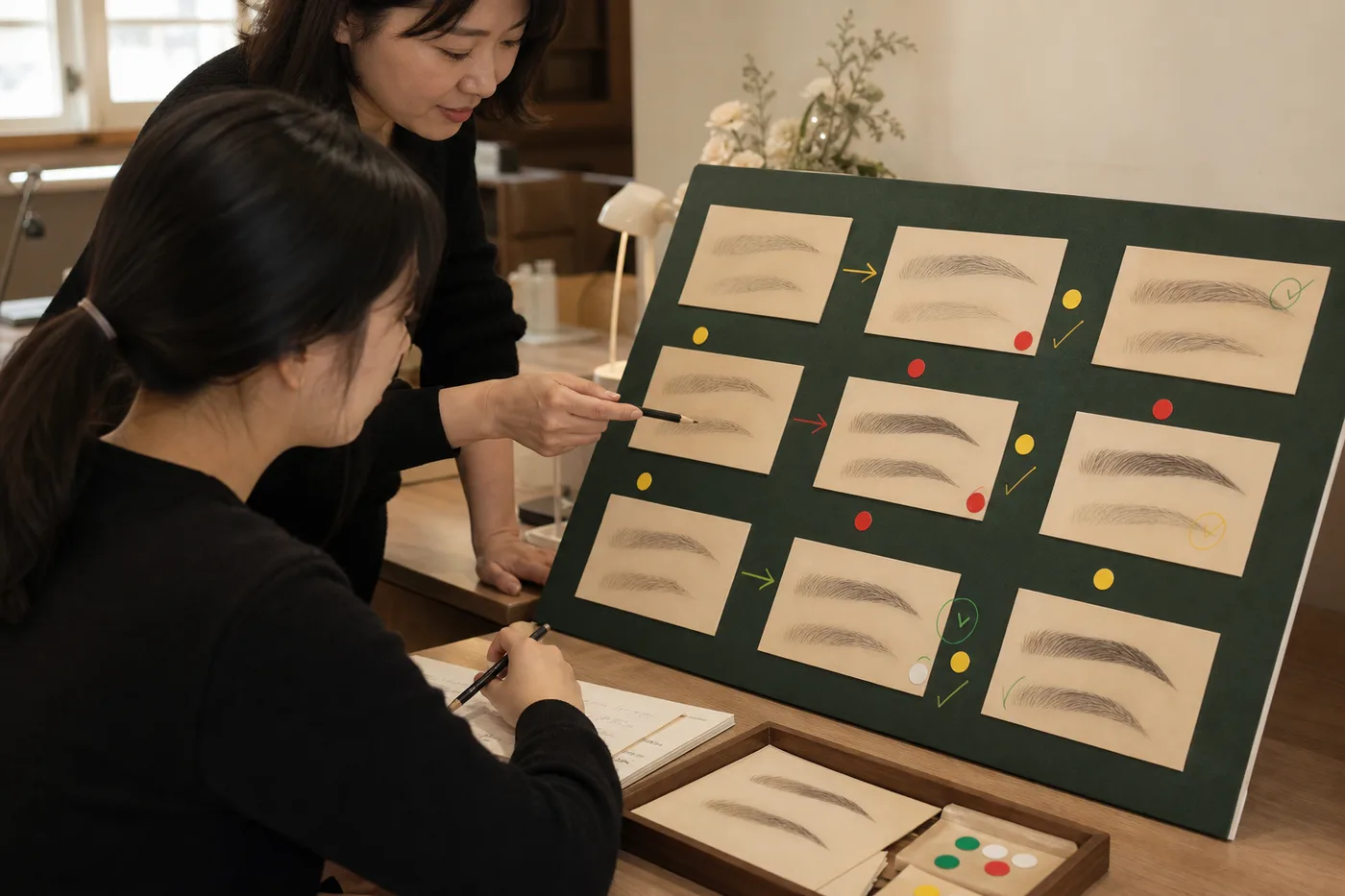 연습지의 중간 단계와 수정 피드백을 순서대로 배치한 교육 보드