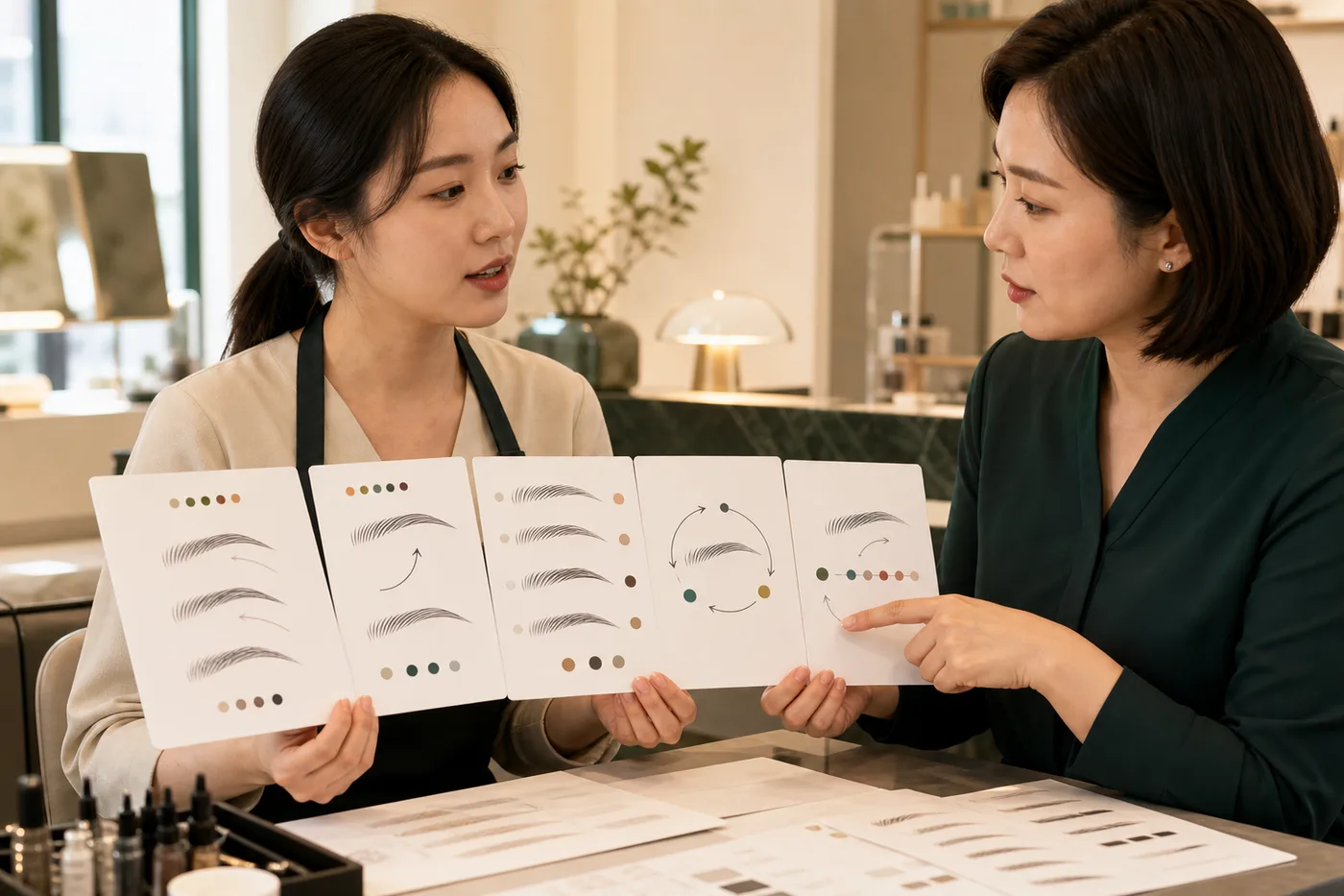 과정 기록 다섯 장을 펼쳐 복기 내용을 설명하는 한국 성인 학습자