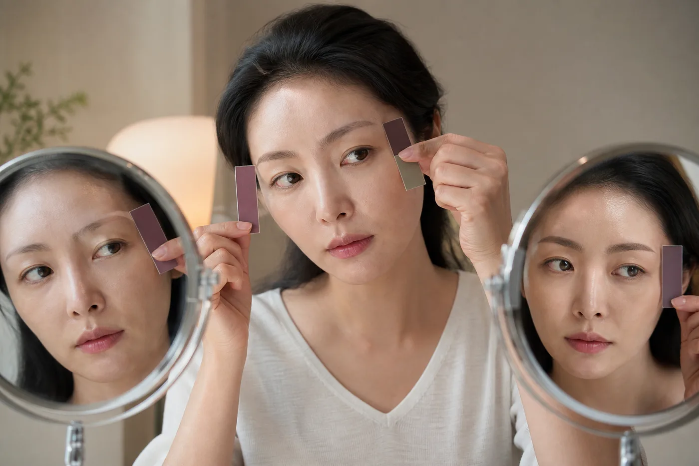 민낯과 평소 화장에서 눈썹 빈 구간을 거울과 색 카드로 비교하는 장면