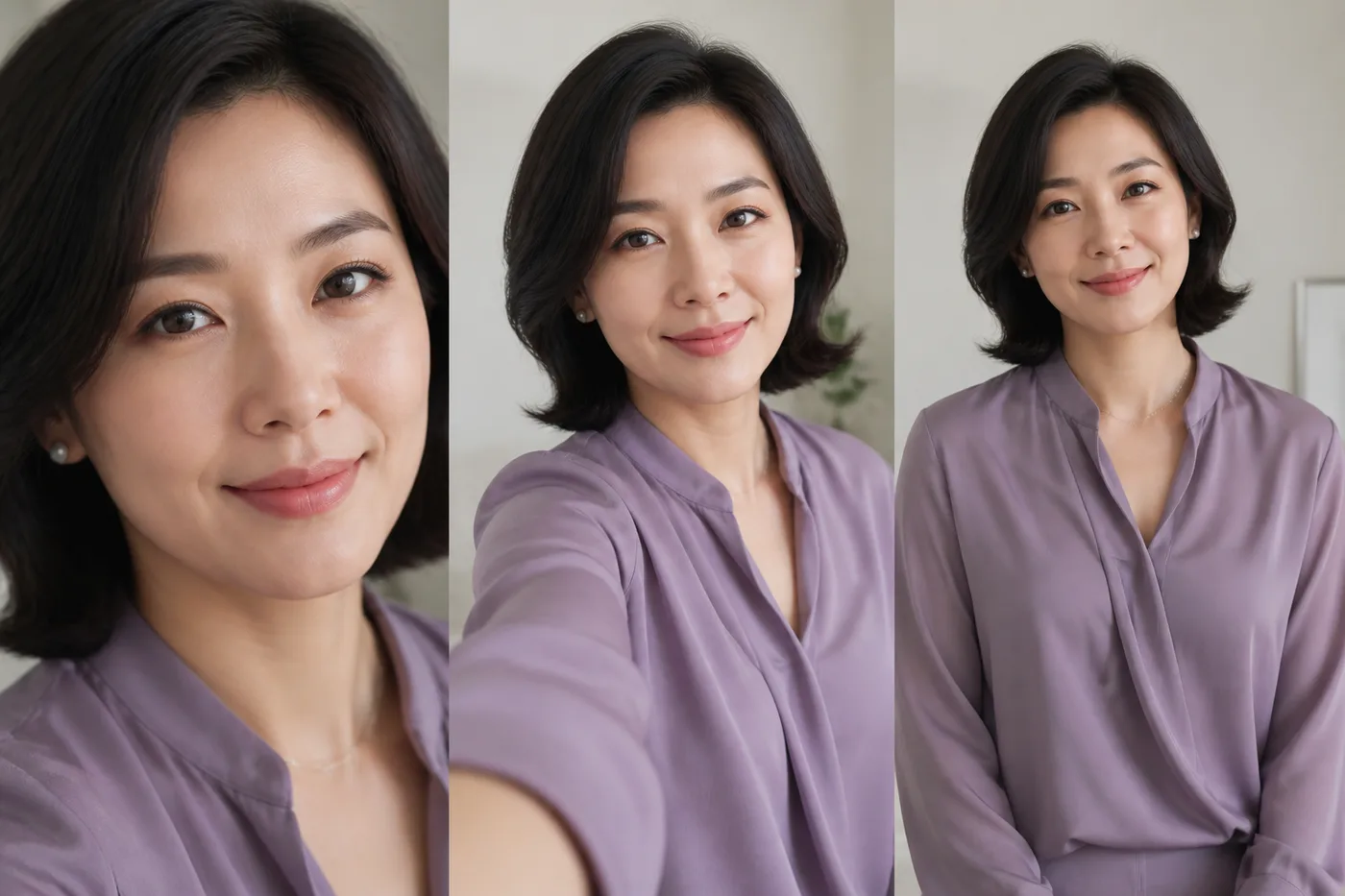 근접 팔 길이 얼굴 전체 거리에서 눈썹 경계를 비교하는 한국 여성