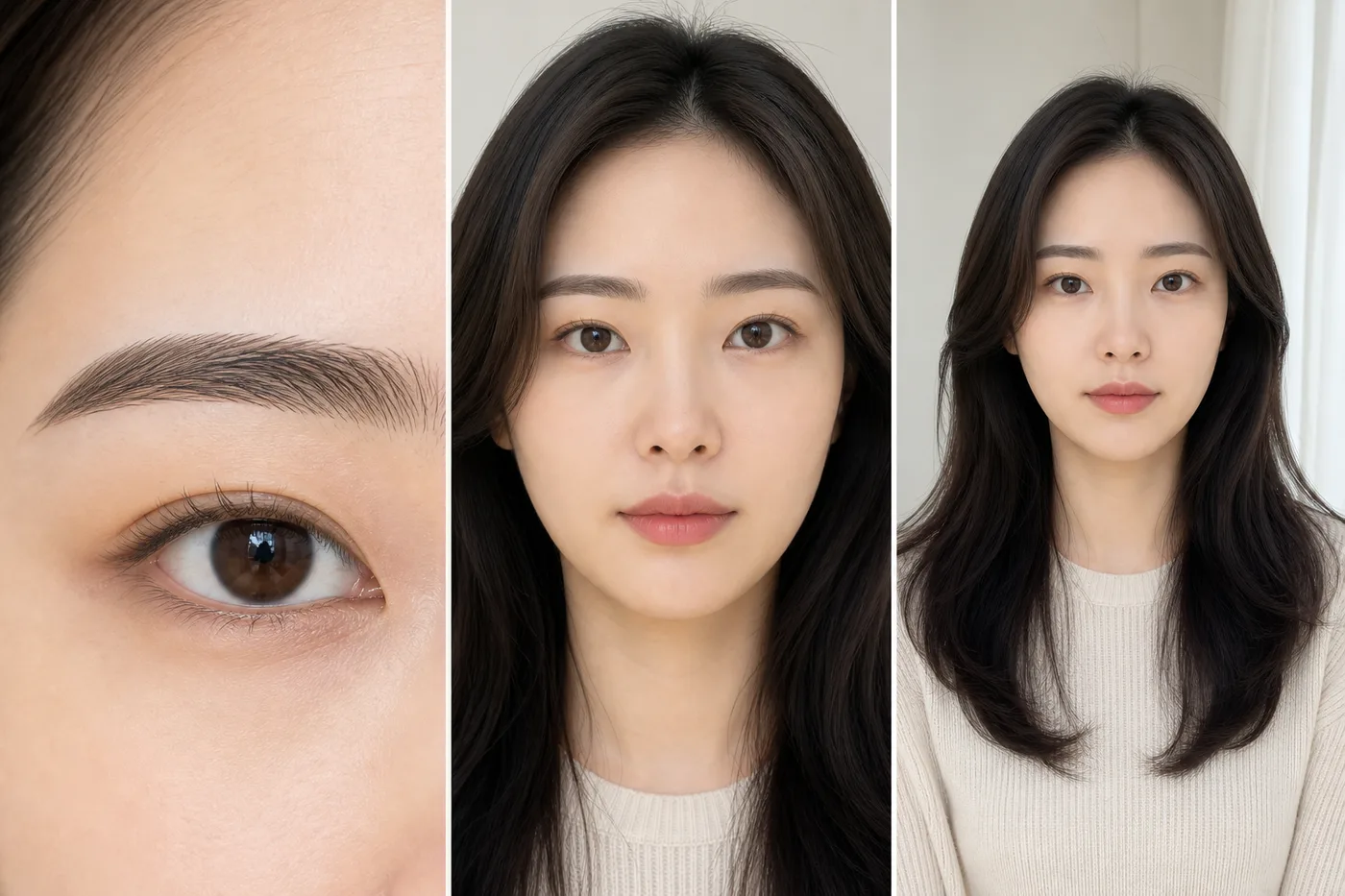 같은 인물을 확대 대화 거리 헤어 포함 거리로 비교한 세 프레임