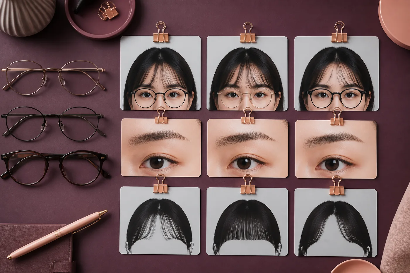 안경을 쓰고 벗은 모습과 앞머리를 내리고 올린 모습을 비교한 빈 사진 카드