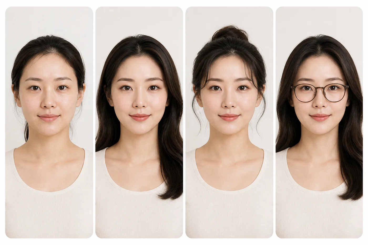 민낯 평소 화장 헤어 포함 대화 거리 사진을 네 칸으로 나눈 보드