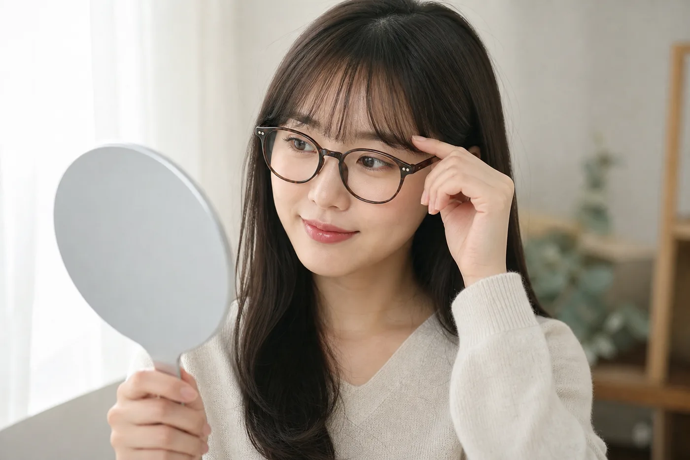 앞머리를 내리고 안경을 쓴 일상 인상을 거울에서 확인하는 장면
