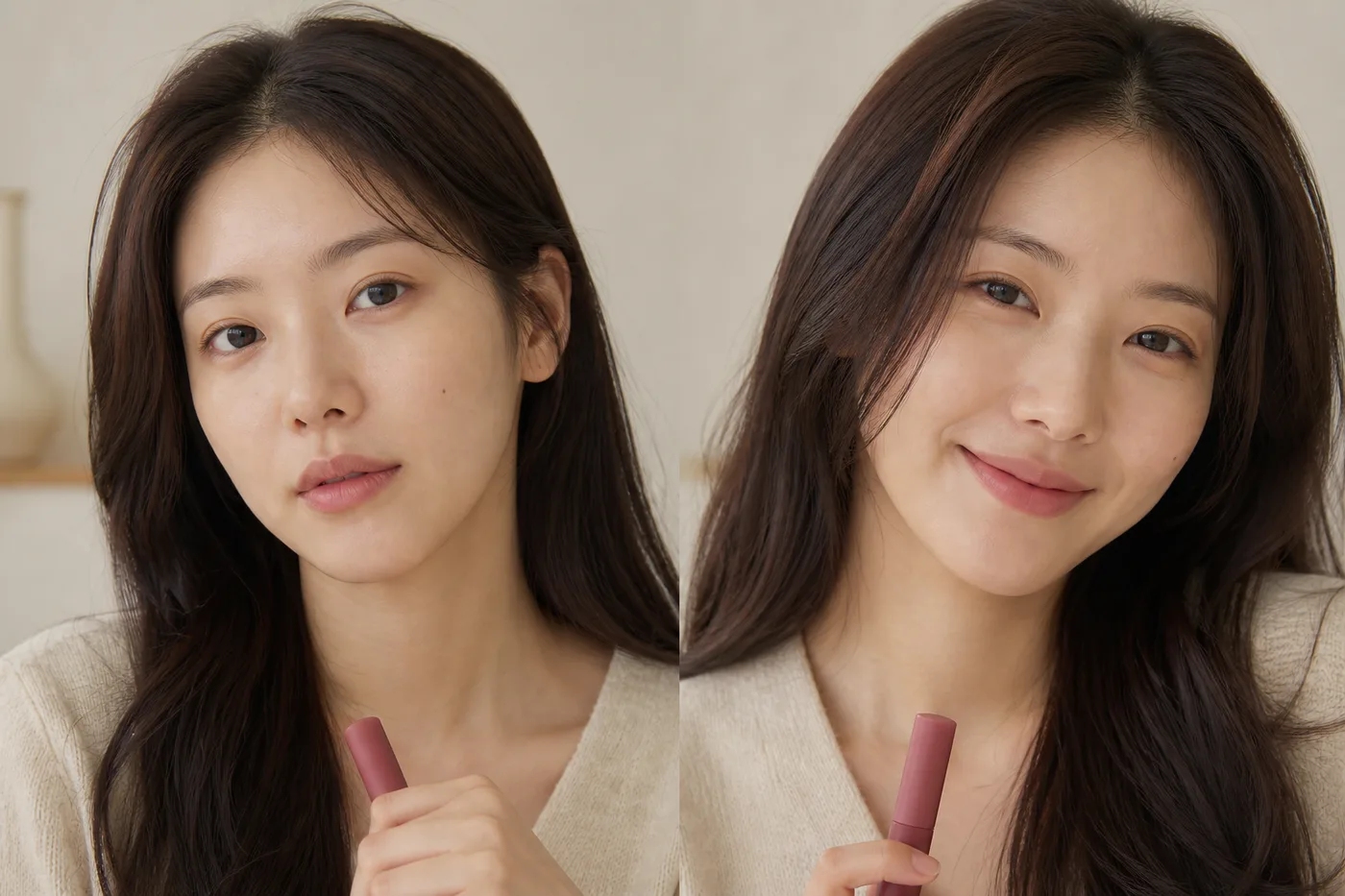 민낯의 편안한 표정과 미소에서 입술 톤을 비교하는 성인 여성