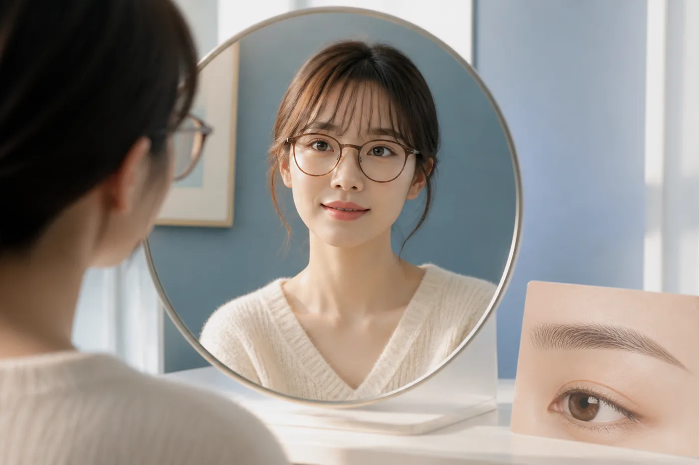 안경과 앞머리가 있는 얼굴 전체 사진에서 눈썹 굵기를 확인하는 카드