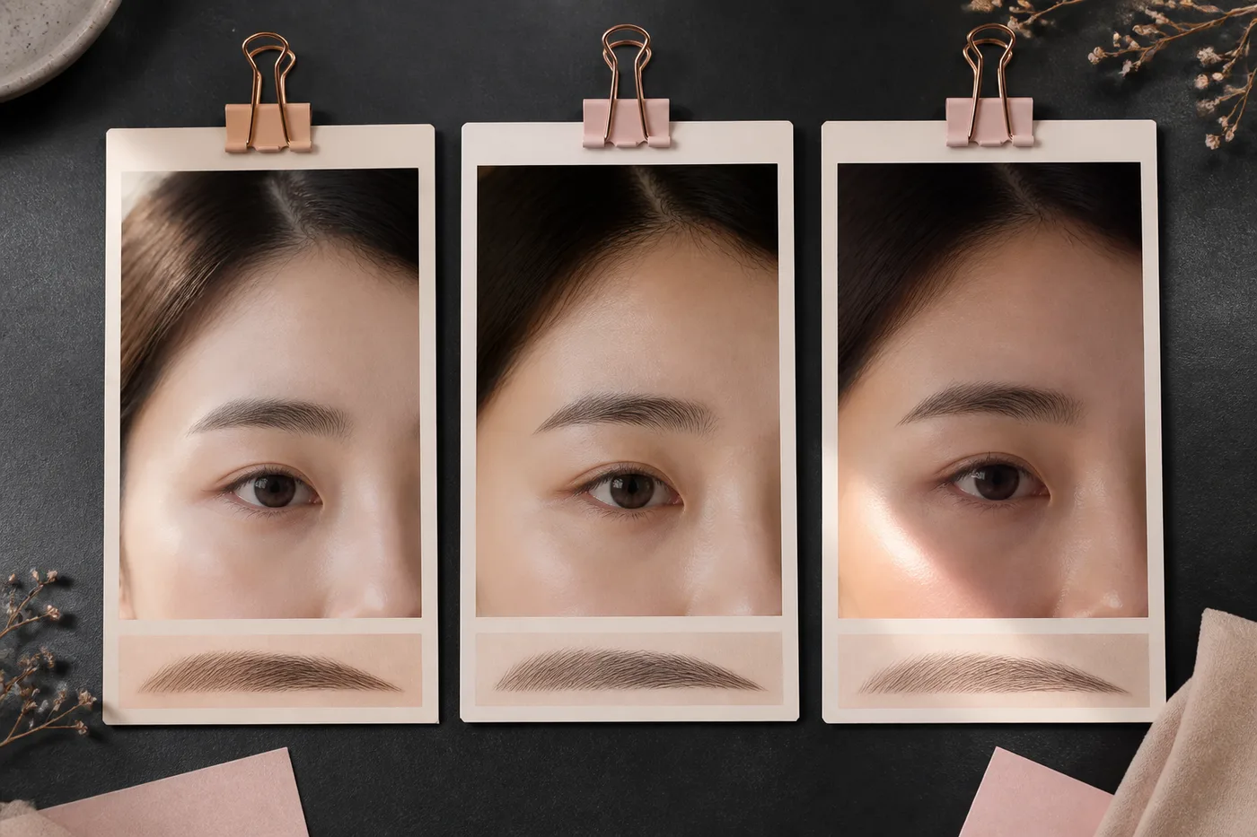 피부톤 머리색 창가 실내 조건을 빈 사진 카드로 비교한 테이블