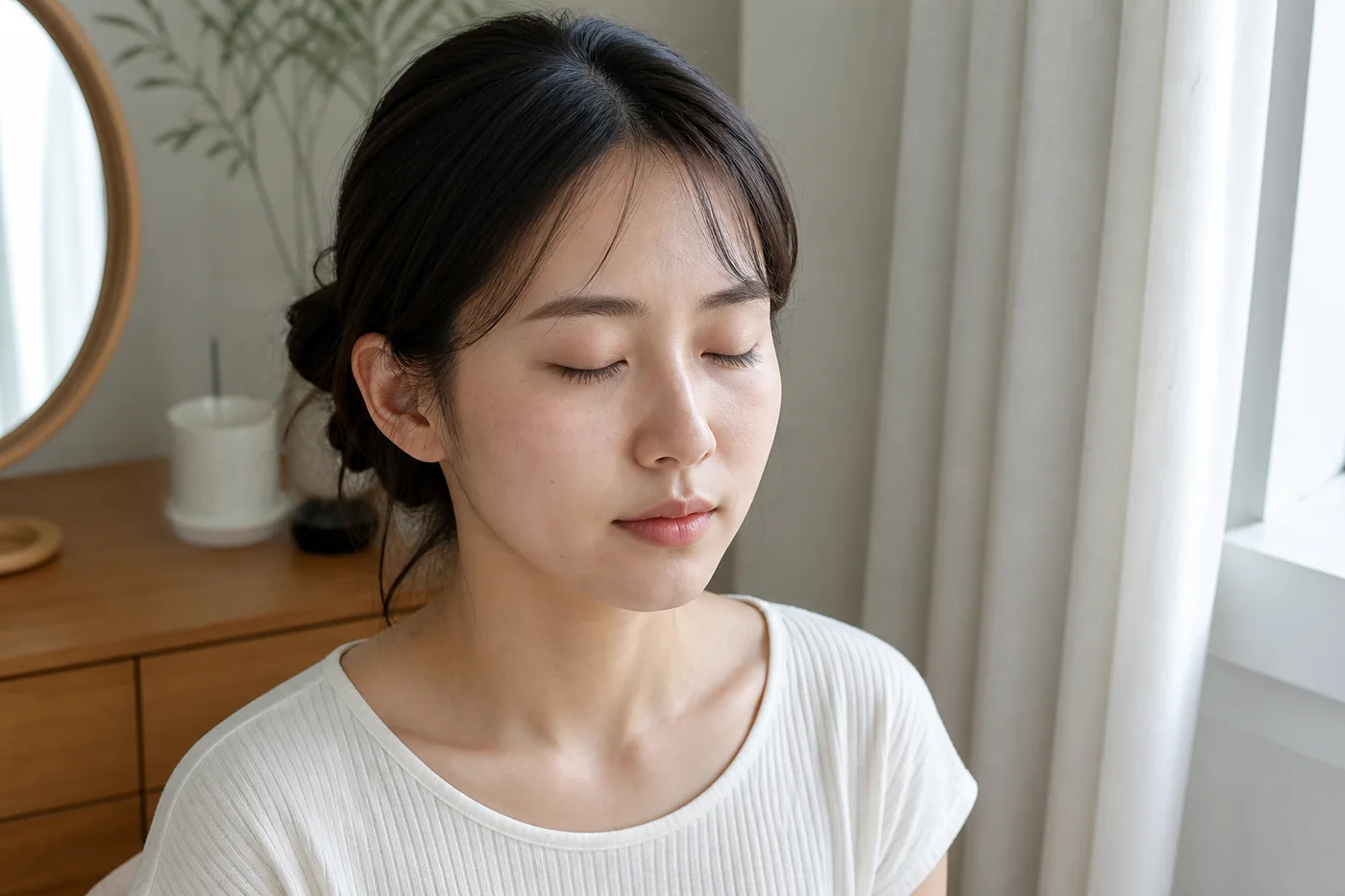 자연광에서 눈을 감고 현재 아이라인선과 속눈썹 뿌리를 기록하는 한국 여성