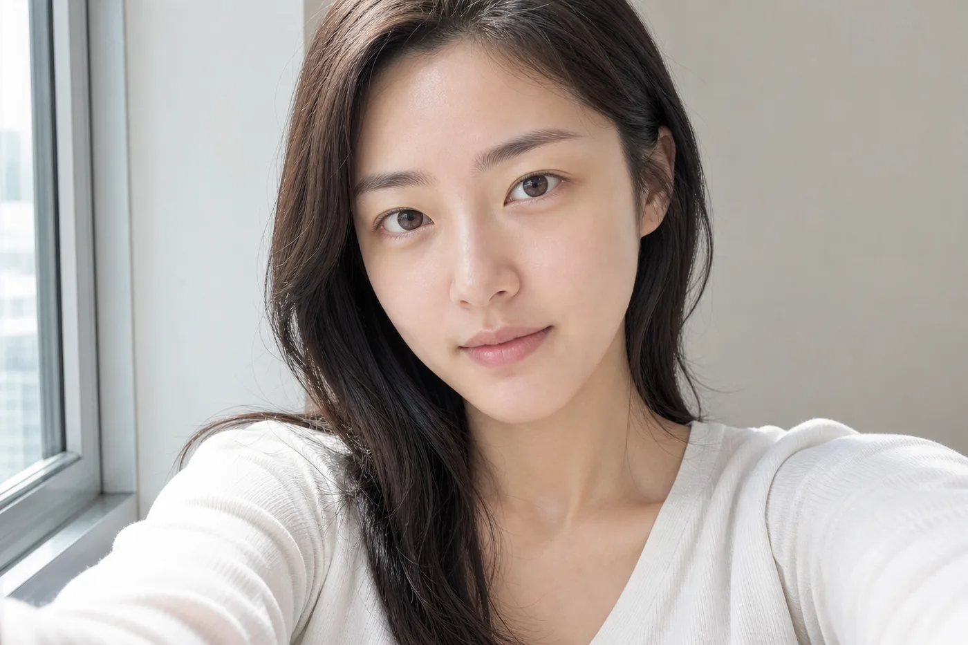창가 자연광에서 눈만 확대하지 않고 얼굴 전체를 기록하는 한국 성인 여성