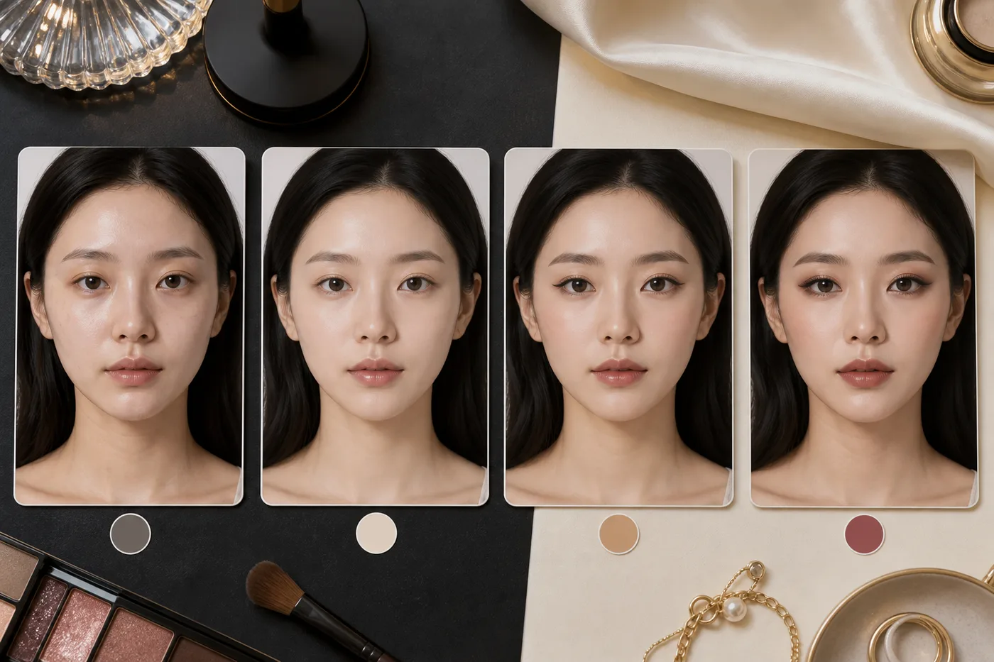민낯 베이스 평소 눈 화장 약속 화장을 같은 여성의 무문자 사진 카드로 나눈 보드