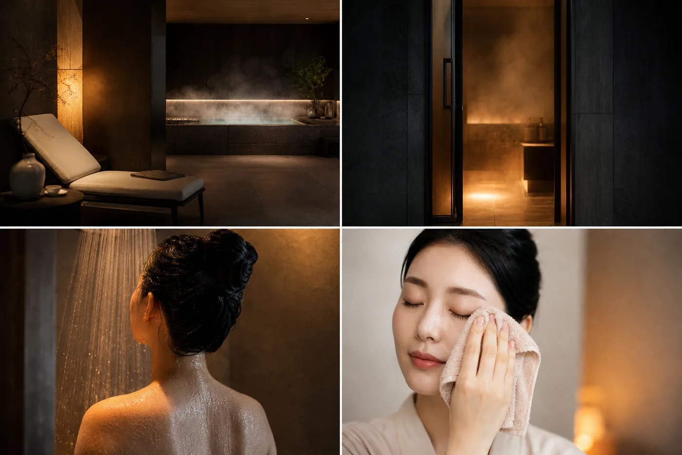 열탕 증기 샤워 수건 동작을 무문자 사진 네 장으로 나눈 보드