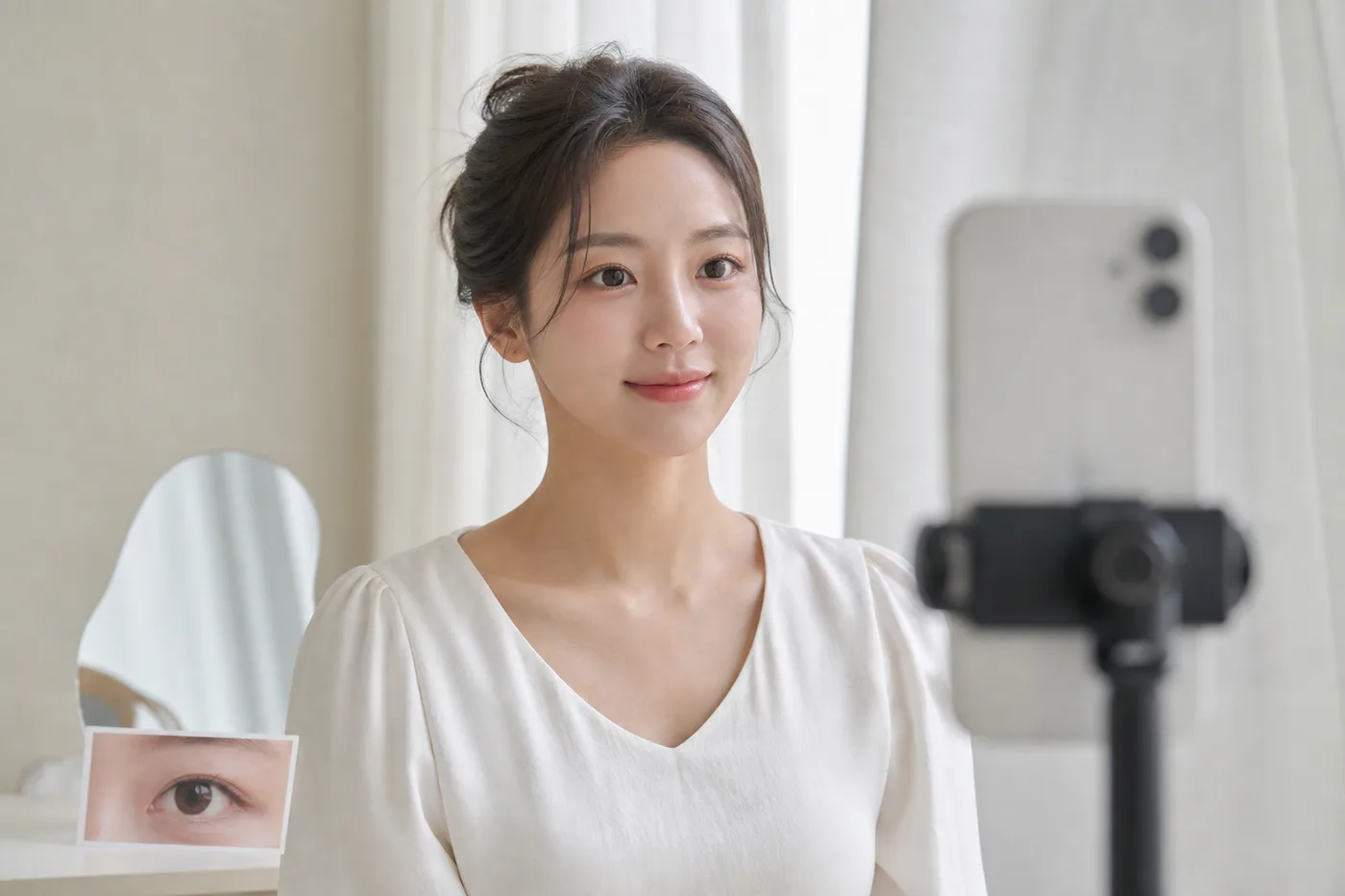 창가에서 필터 없이 맨눈 근접과 얼굴 전체 사진을 준비하는 한국 여성