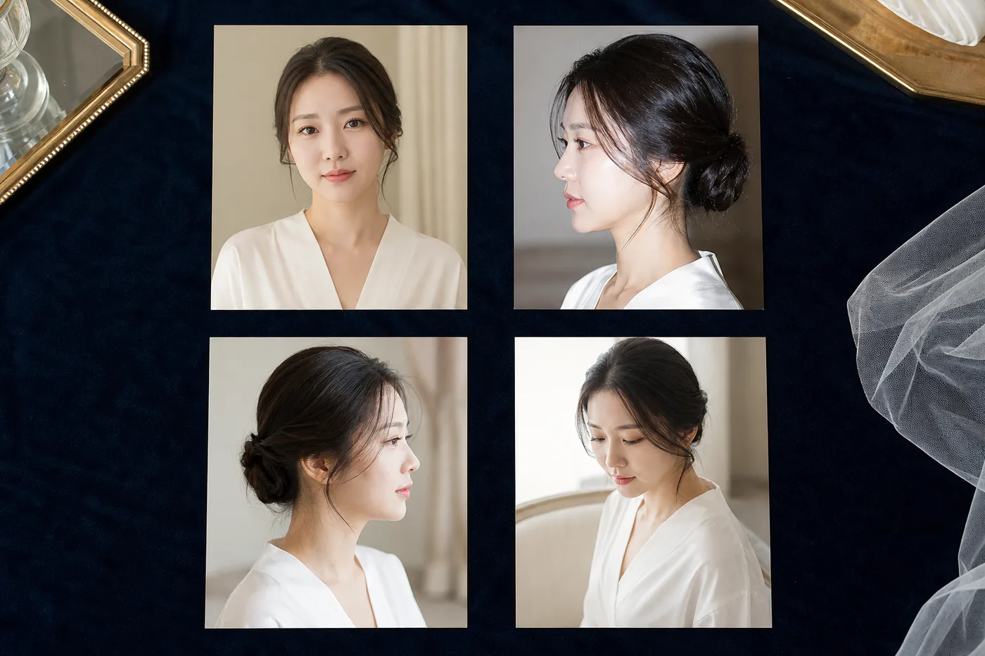 밝은 예식복 상반신과 플래시 반측면 사진을 보드에 나란히 놓은 장면