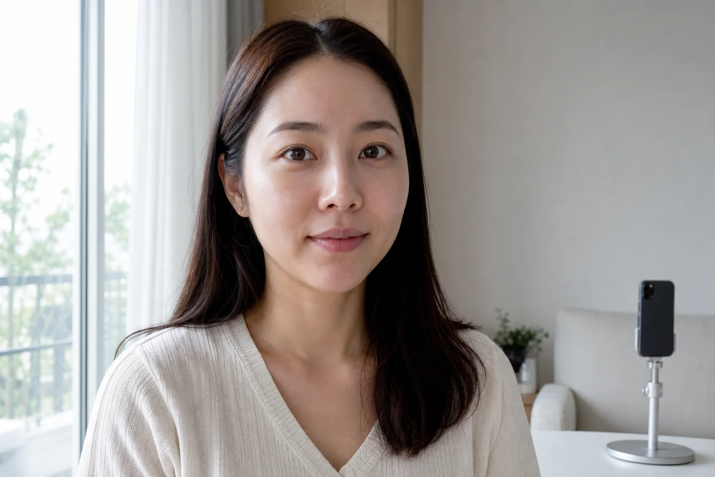 자연광에서 제품 없이 얼굴 전체와 현재 입술 경계를 기록하는 한국 여성