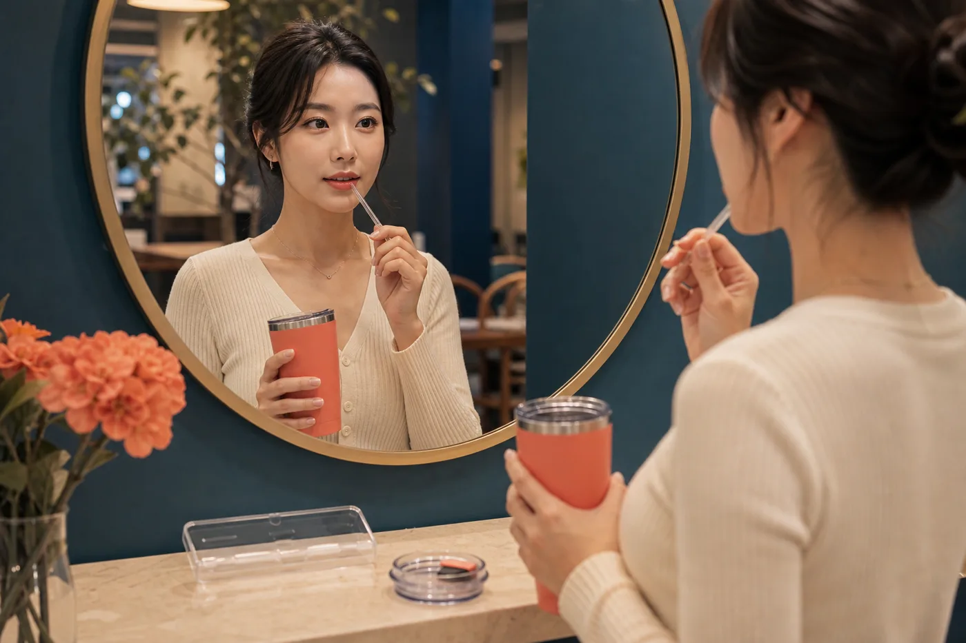 거울 앞에서 텀블러 빨대와 입술 거리를 확인하는 한국 성인 여성