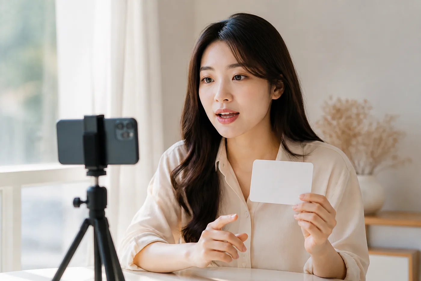 창가에서 휴대폰 영상 프레임으로 입술 움직임을 확인하는 한국 성인 여성