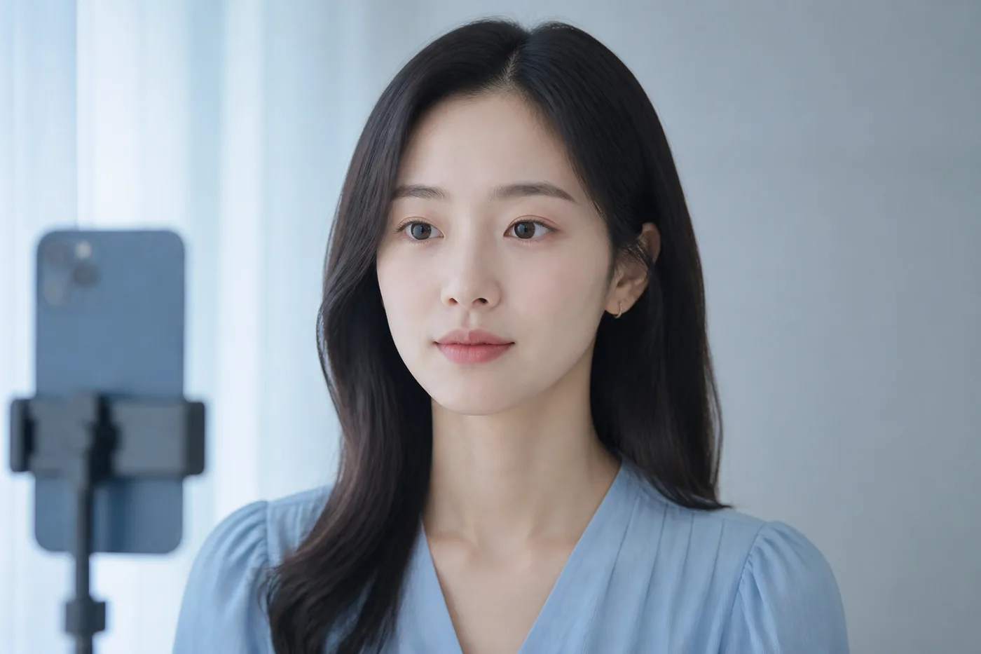 밝은 자연광에서 힘을 뺀 입술과 전체 얼굴을 기록하는 한국 성인 여성