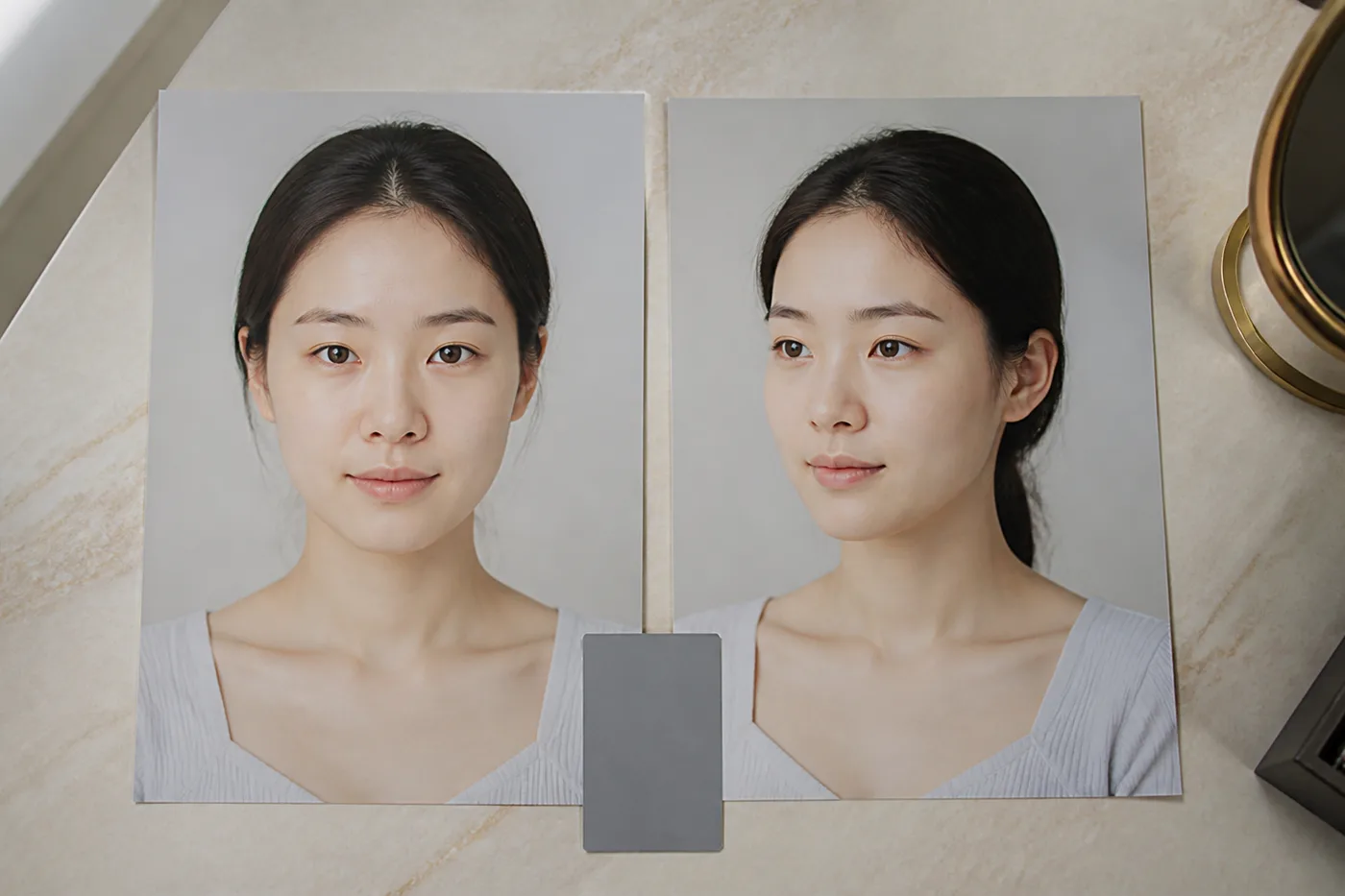 필터 없는 같은 창가 조명에서 눈썹을 비교한 두 장의 사진 카드