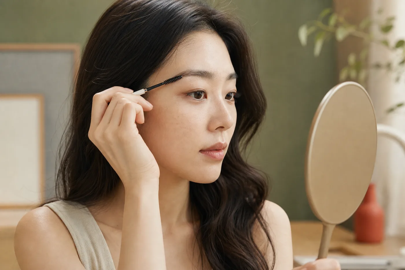 눈썹을 정돈하며 빈 구간과 털 방향을 거울로 살펴보는 한국 여성
