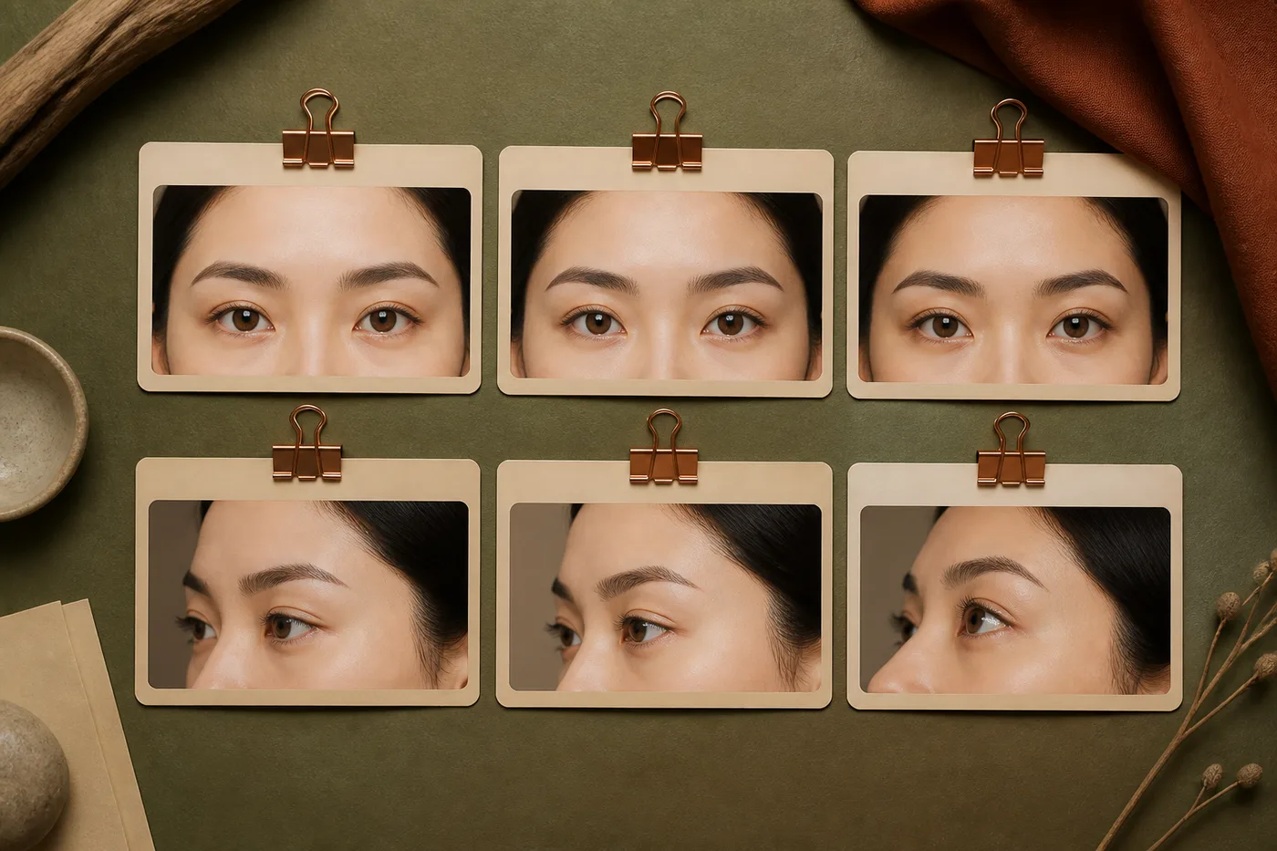 앞머리를 내리고 묶은 상태의 정면과 측면을 비교하는 빈 사진 카드