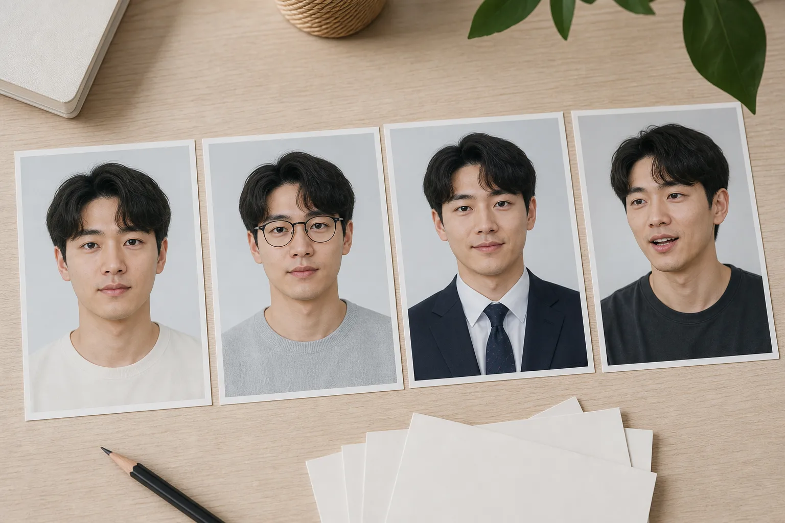 민낯과 안경, 정장, 편한 표정의 남자 눈썹 사진을 비교하는 보드
