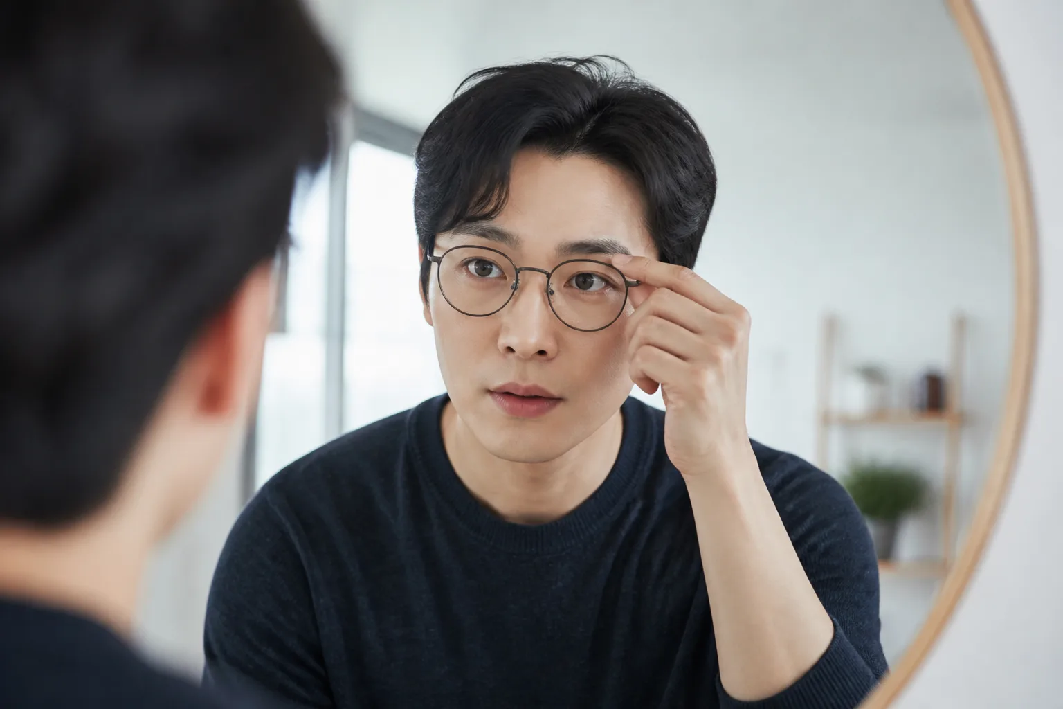 안경 프레임과 눈썹 앞머리, 산의 간격을 거울에서 확인하는 한국 남성