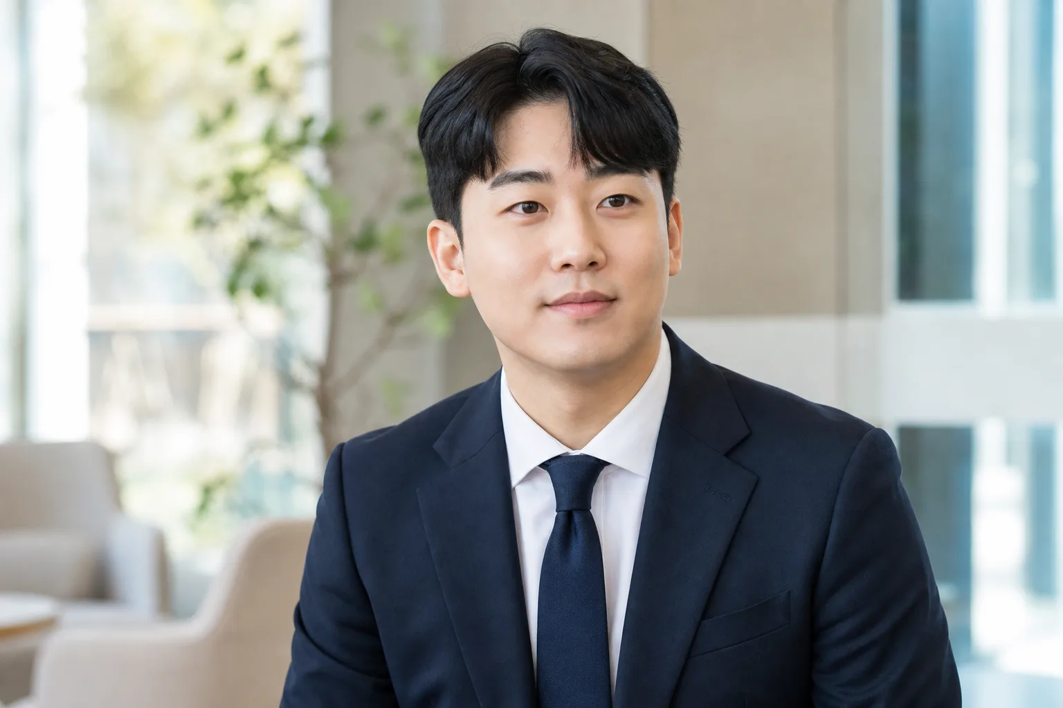 정장을 입은 상반신 거리에서 눈썹과 헤어 균형을 확인하는 한국 남성