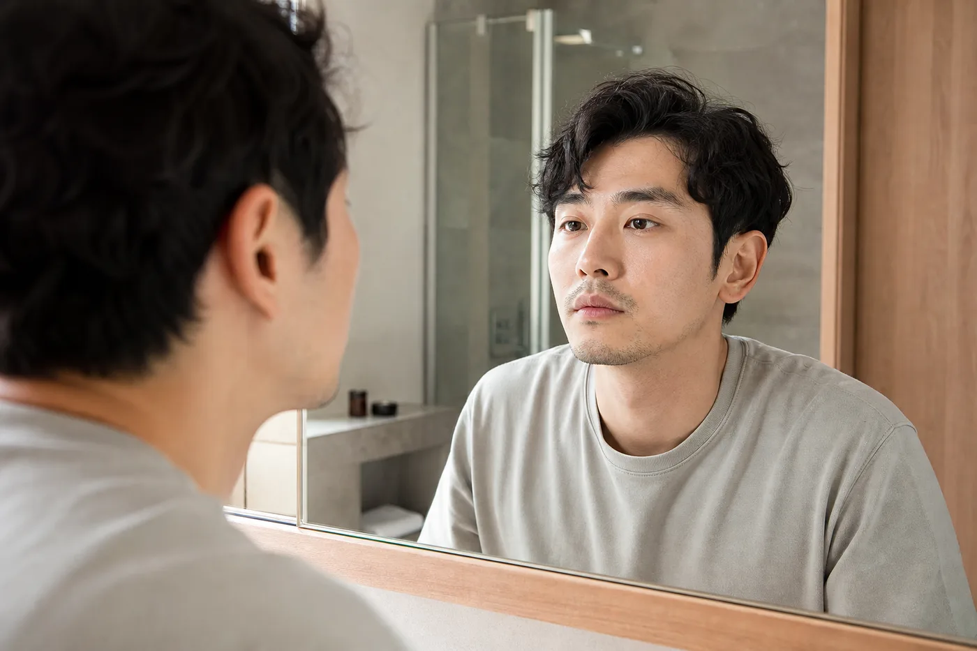 창가 자연광에서 면도 전 눈썹과 얼굴 전체를 기록하는 한국 성인 남성