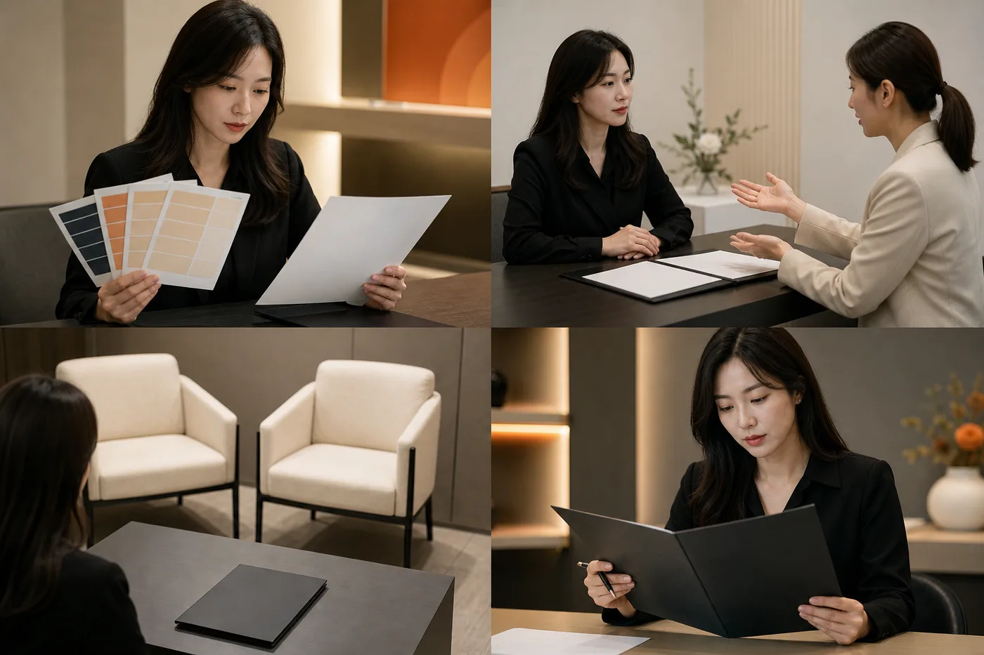 직무 연결 주체 선발 계약을 무문자 사진 네 장으로 나눈 보드