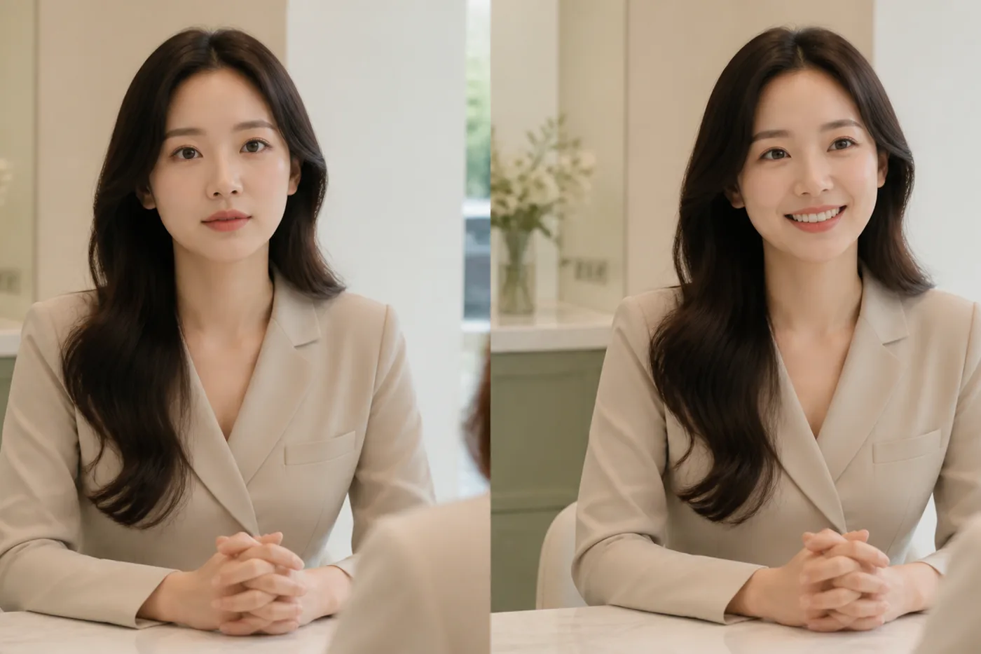 같은 조명에서 편한 정면과 가벼운 미소를 비교한 얼굴 사진 카드