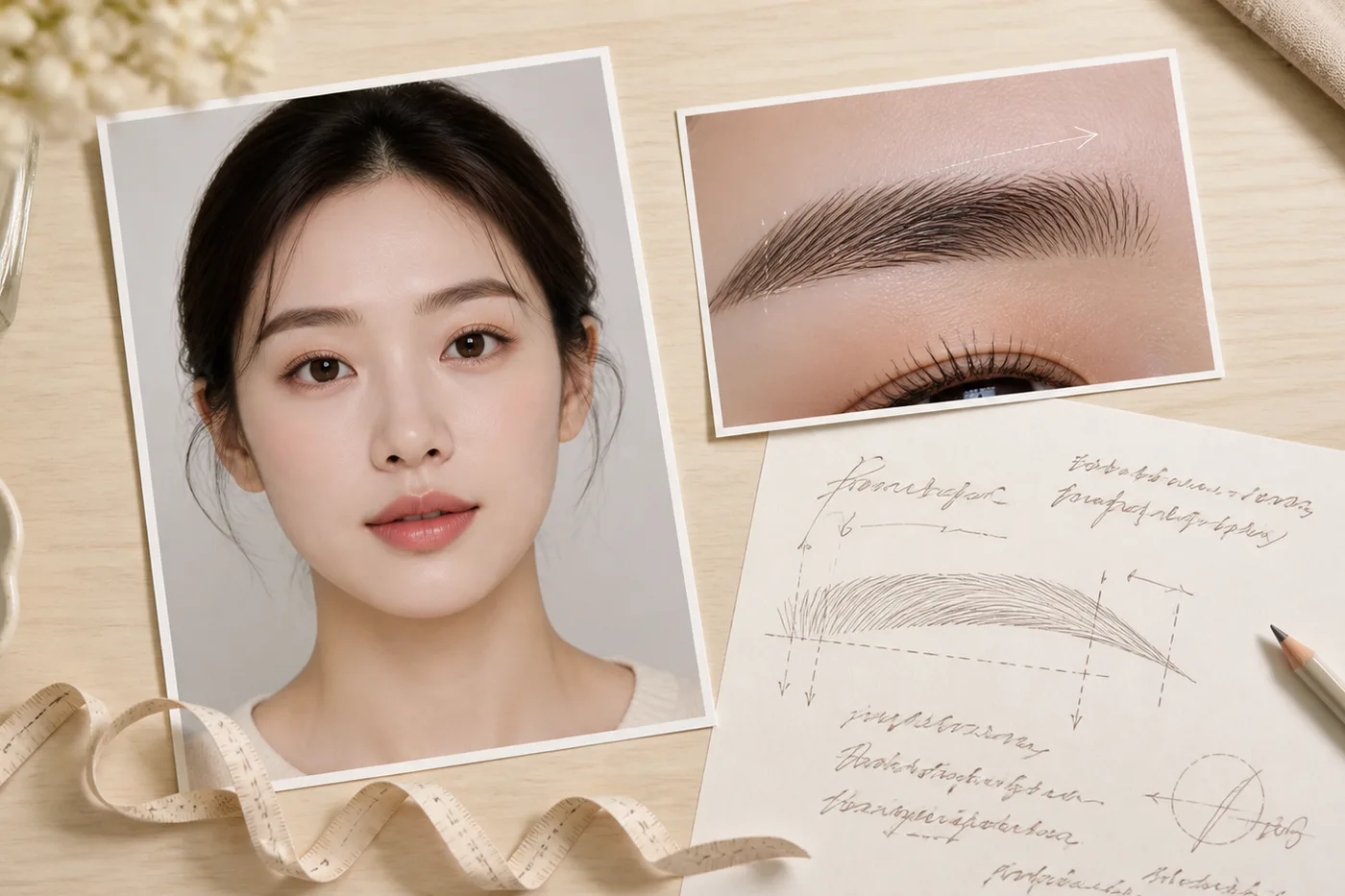 얼굴 전체 사진에 현재 눈썹 꼬리와 원하는 경계를 표시한 상담 노트