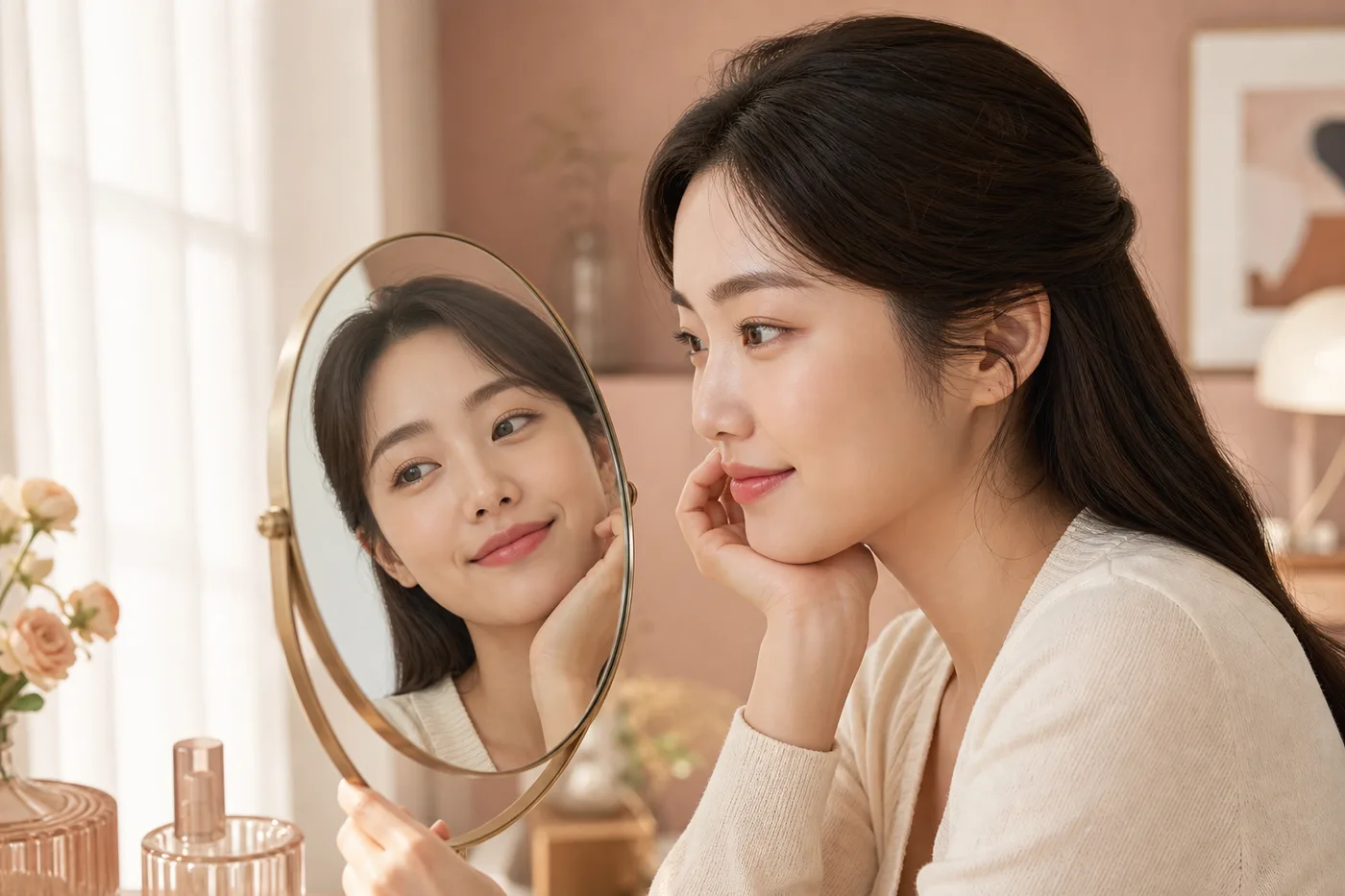 거울 앞에서 편한 얼굴과 웃는 얼굴의 눈썹 인상을 비교하는 한국 여성